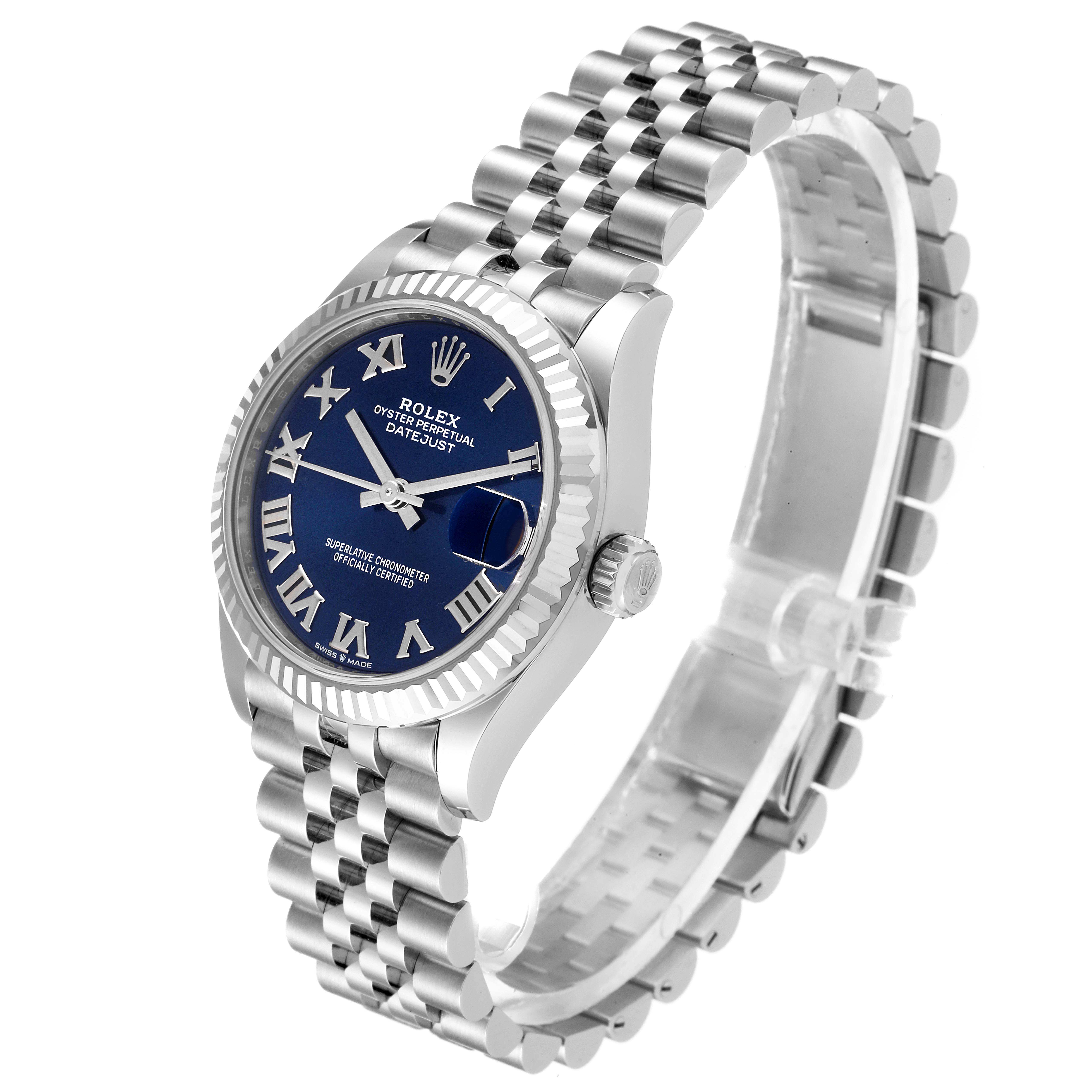 The image shows a side angle of a Rolex Mid-Size 278274 Women
s Stainless Steel Blue Dial 278274 Women
s Stainless Steel Blue Dial Oyster Perpetual Datejust watch, highlighting the face, bezel, crown, and jubilee bracelet.