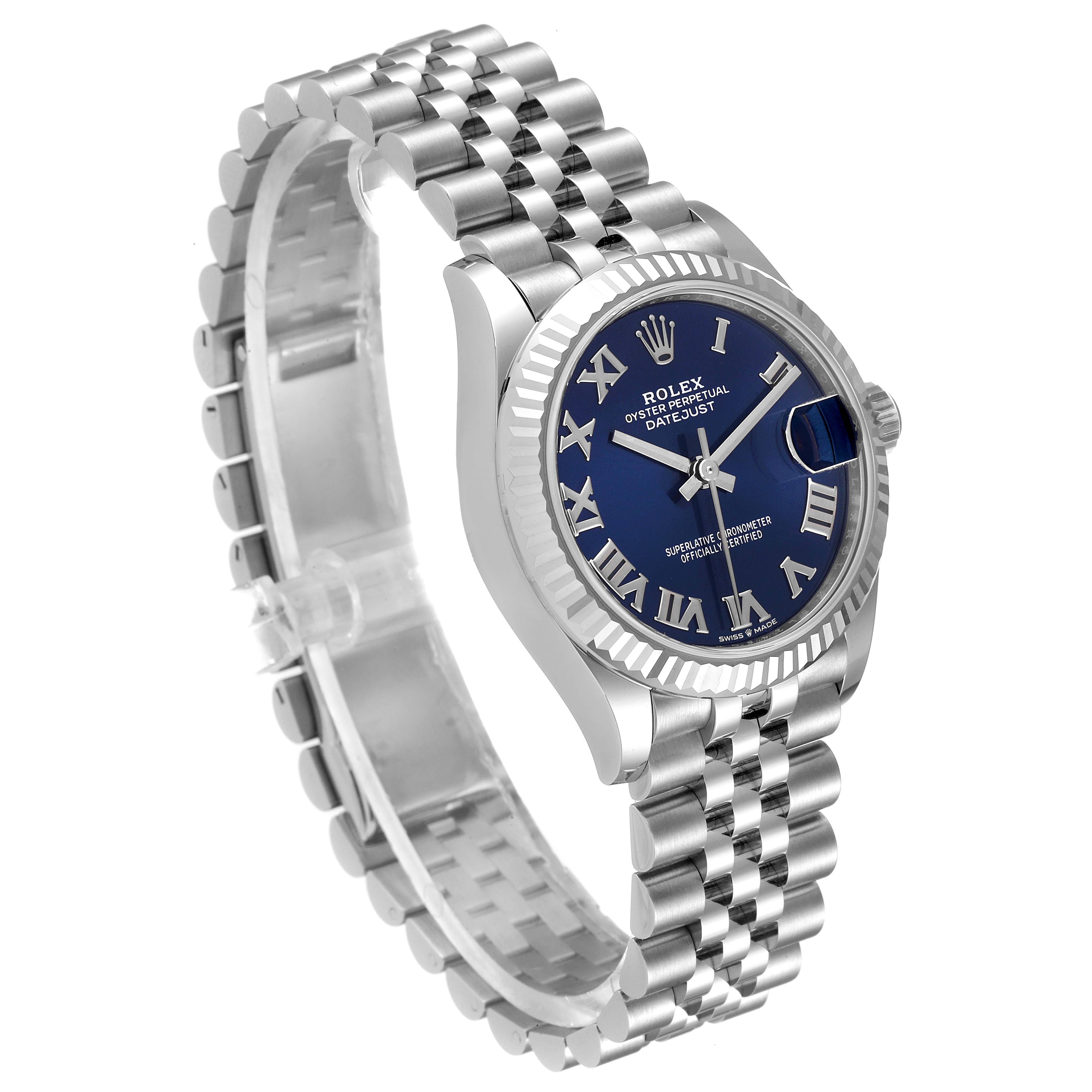 This Rolex Mid-Size 278274 Women
s Stainless Steel Blue Dial 278274 Women
s Stainless Steel Blue Dial Datejust watch is shown from a side-front angle, displaying the face, bezel, and bracelet.