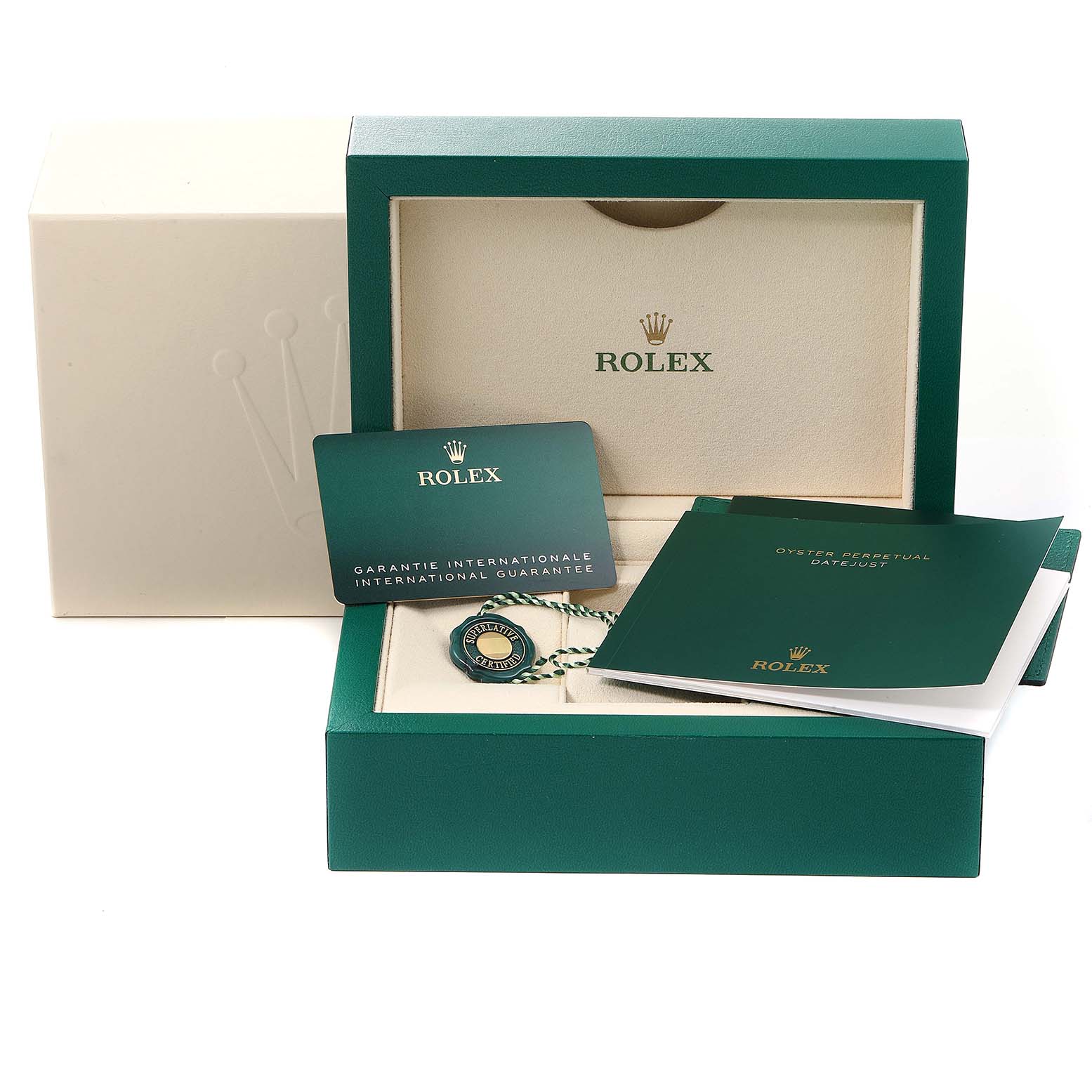 The image shows the packaging, international guarantee card, tag, and booklet for a Rolex Mid-Size 278274 Women
s Stainless Steel Blue Dial 278274 Women
s Stainless Steel Blue Dial model watch.