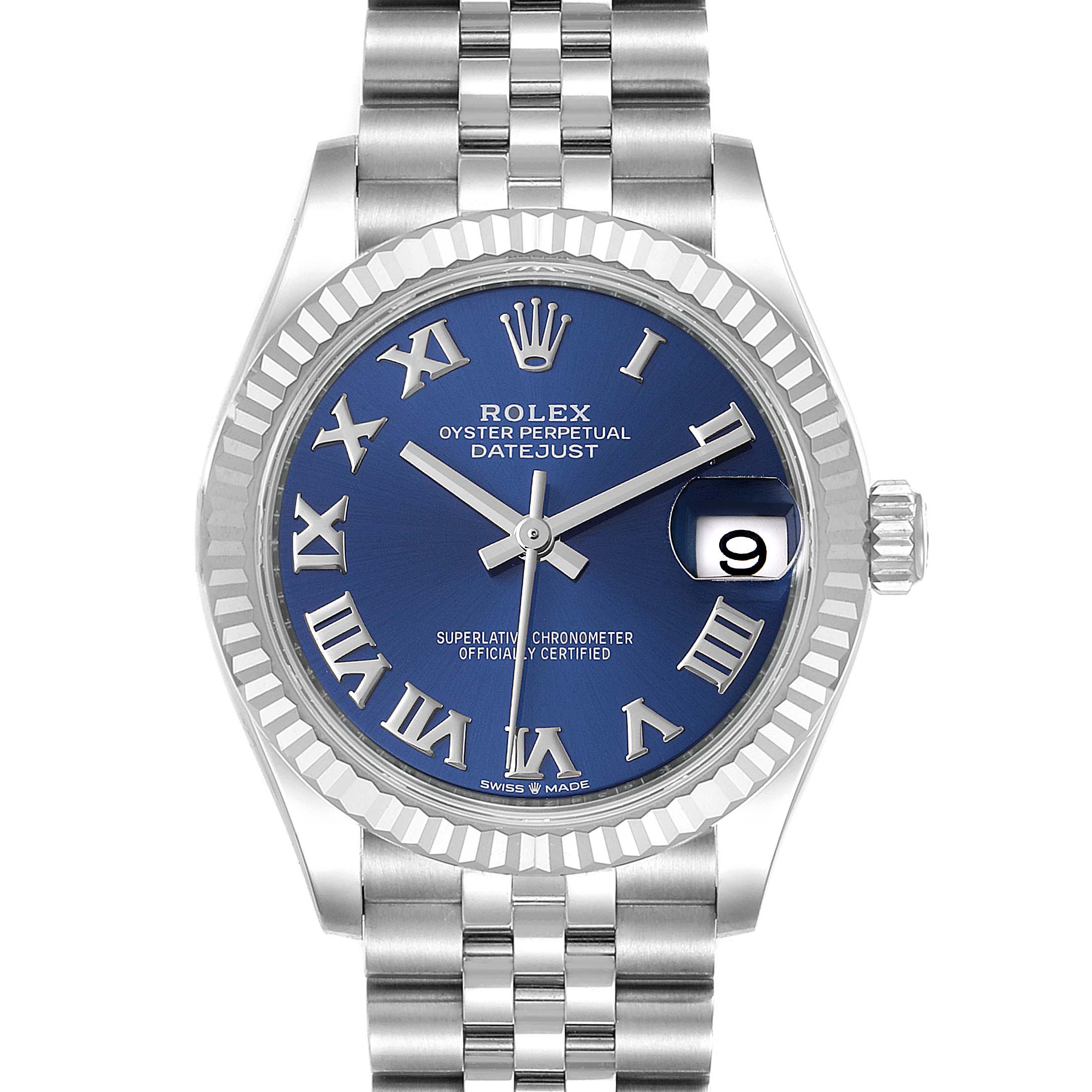 The image shows a front view of a Mid-Size Rolex Datejust, highlighting the blue dial, Roman numerals, and Jubilee bracelet.
