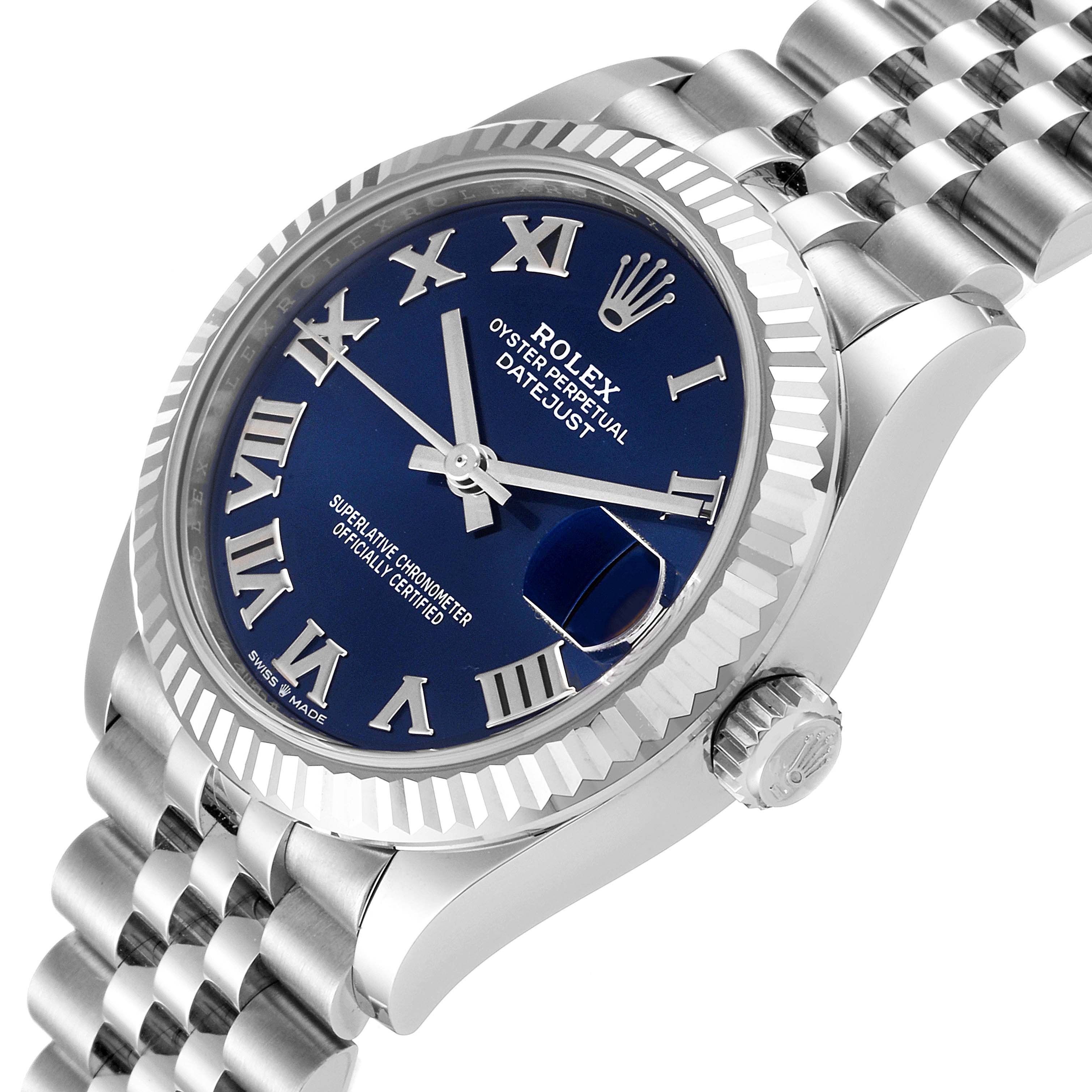 This image shows a close-up angle of a Rolex Mid-Size 278274 Women
s Stainless Steel Blue Dial 278274 Women
s Stainless Steel Blue Dial Oyster Perpetual Datejust watch, focusing on the dial, bezel, and bracelet.