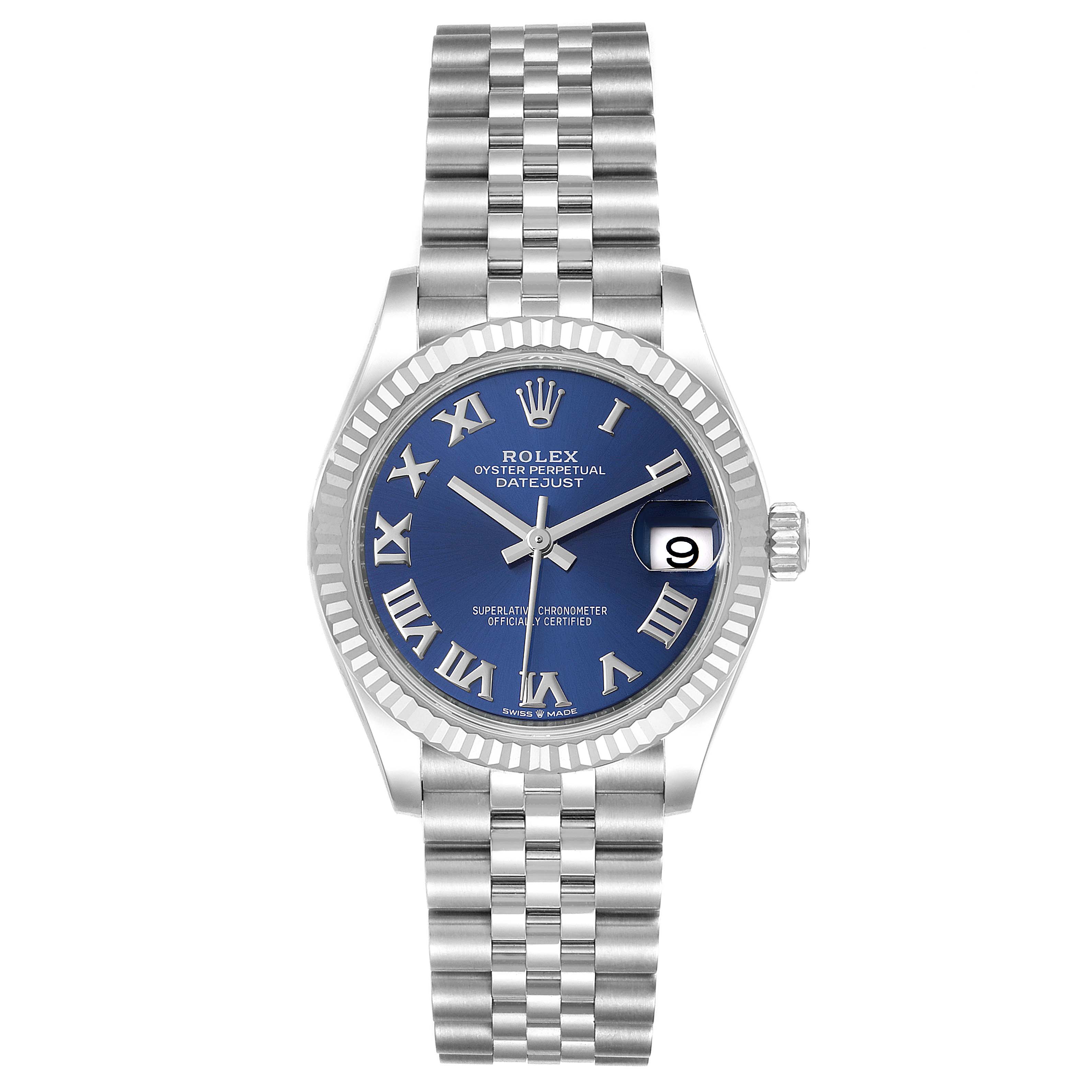 This image shows the Rolex Datejust Mid-Size watch from a front-top angle, highlighting its blue dial, fluted bezel, and Jubilee bracelet.