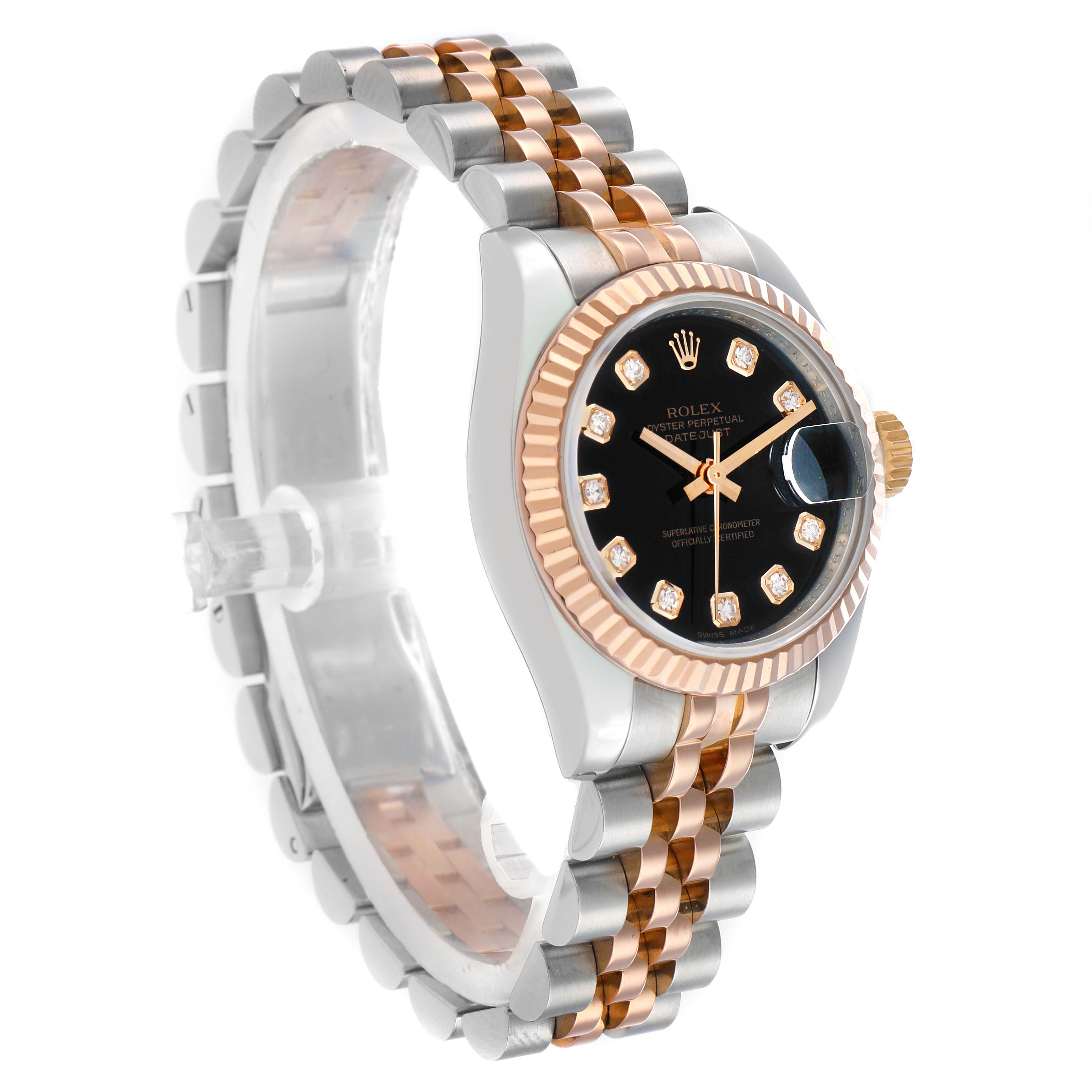 The Rolex Datejust 179171 Women
s Steel and Gold (two tone) Black Dial watch is shown at a three-quarter angle, highlighting the black dial, diamond markers, and two-tone bracelet.