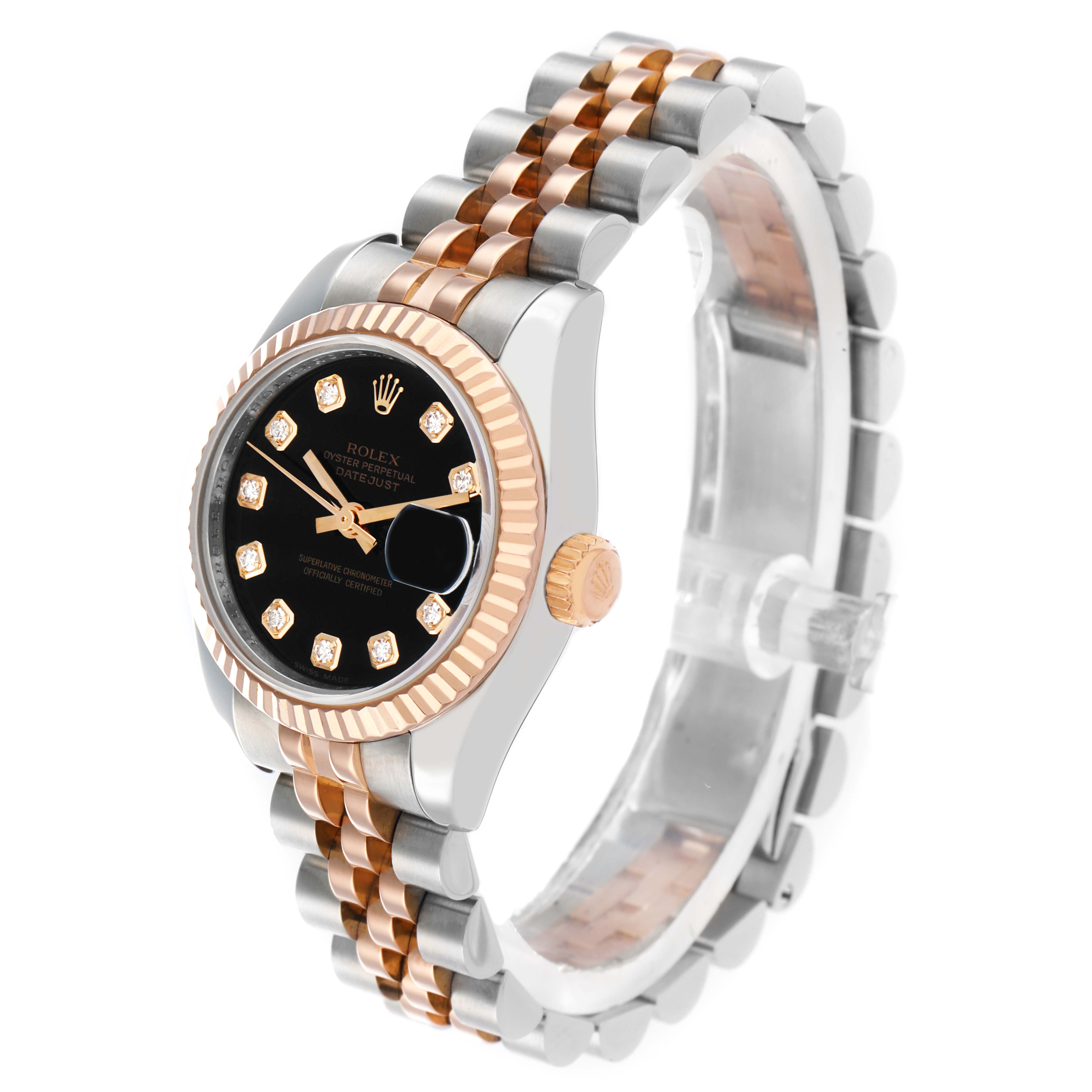 The Rolex Datejust 179171 Women
s Steel and Gold (two tone) Black Dial watch is shown at a three-quarter angle, highlighting the dial, bezel, crown, and bracelet.