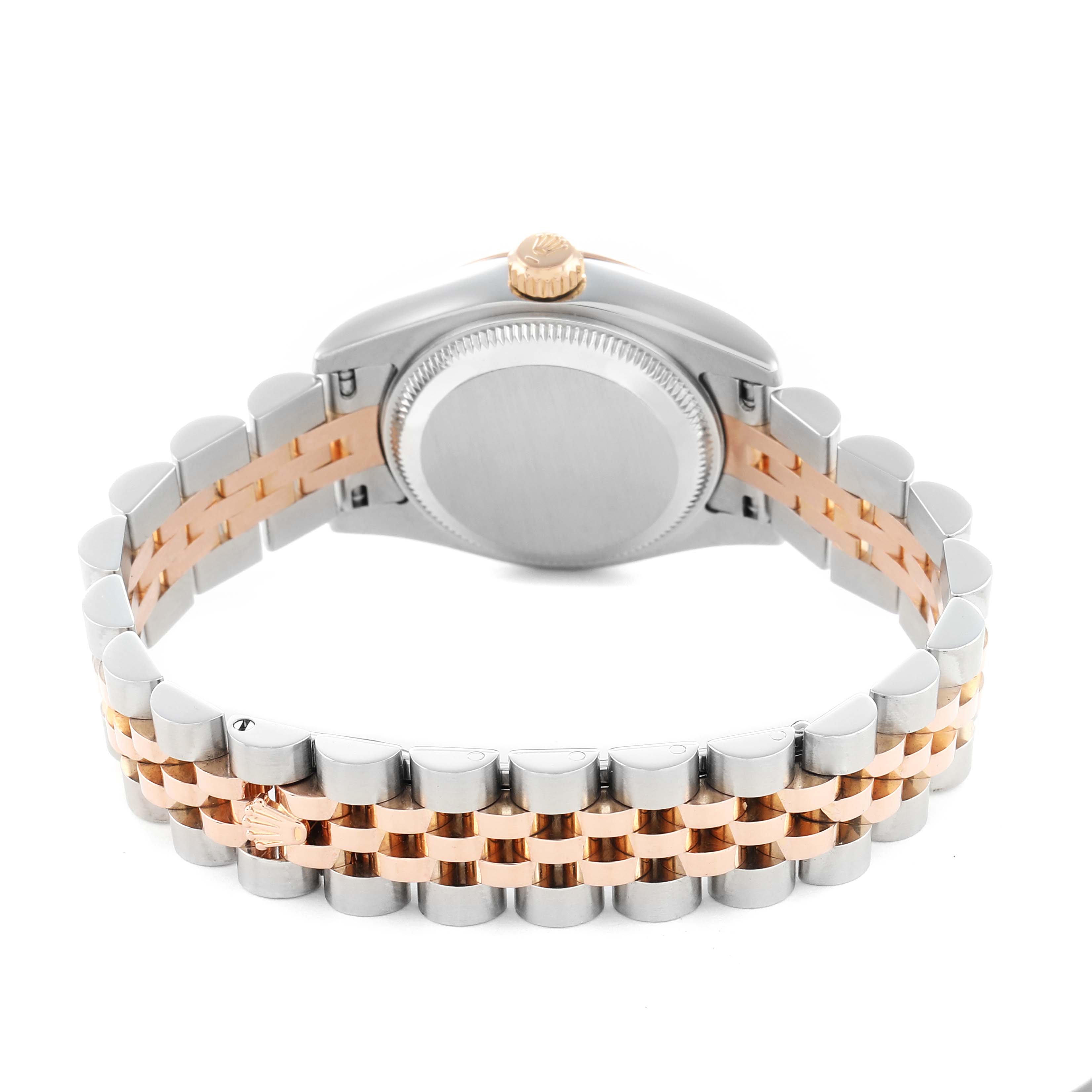 The image shows the back view of a Rolex Datejust 179171 Women
s Steel and Gold (two tone) Black Dial, highlighting its two-tone bracelet and case back.