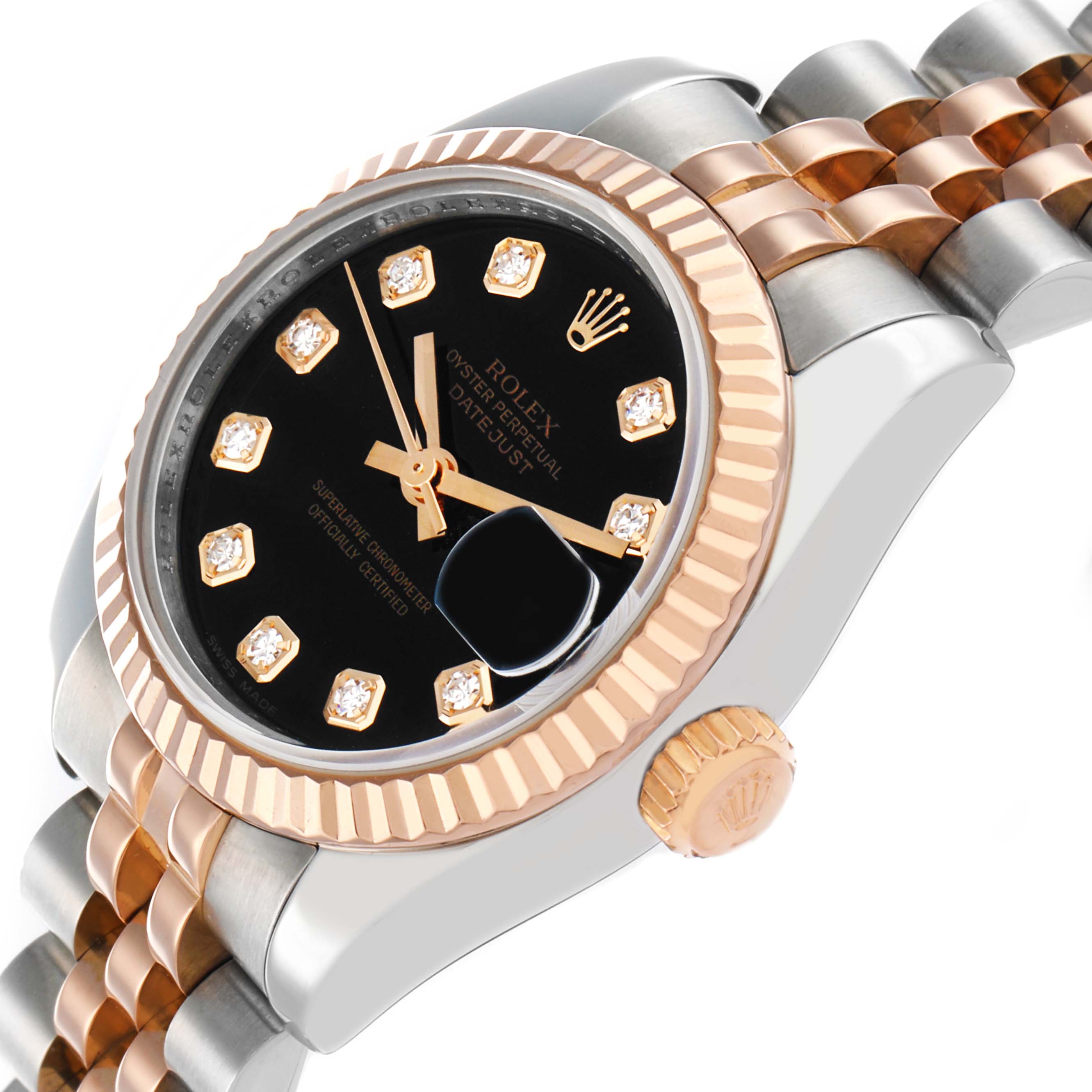 The Rolex Datejust 179171 Women
s Steel and Gold (two tone) Black Dial watch is shown at an angled view, highlighting its face, bezel, crown, and part of the bracelet.