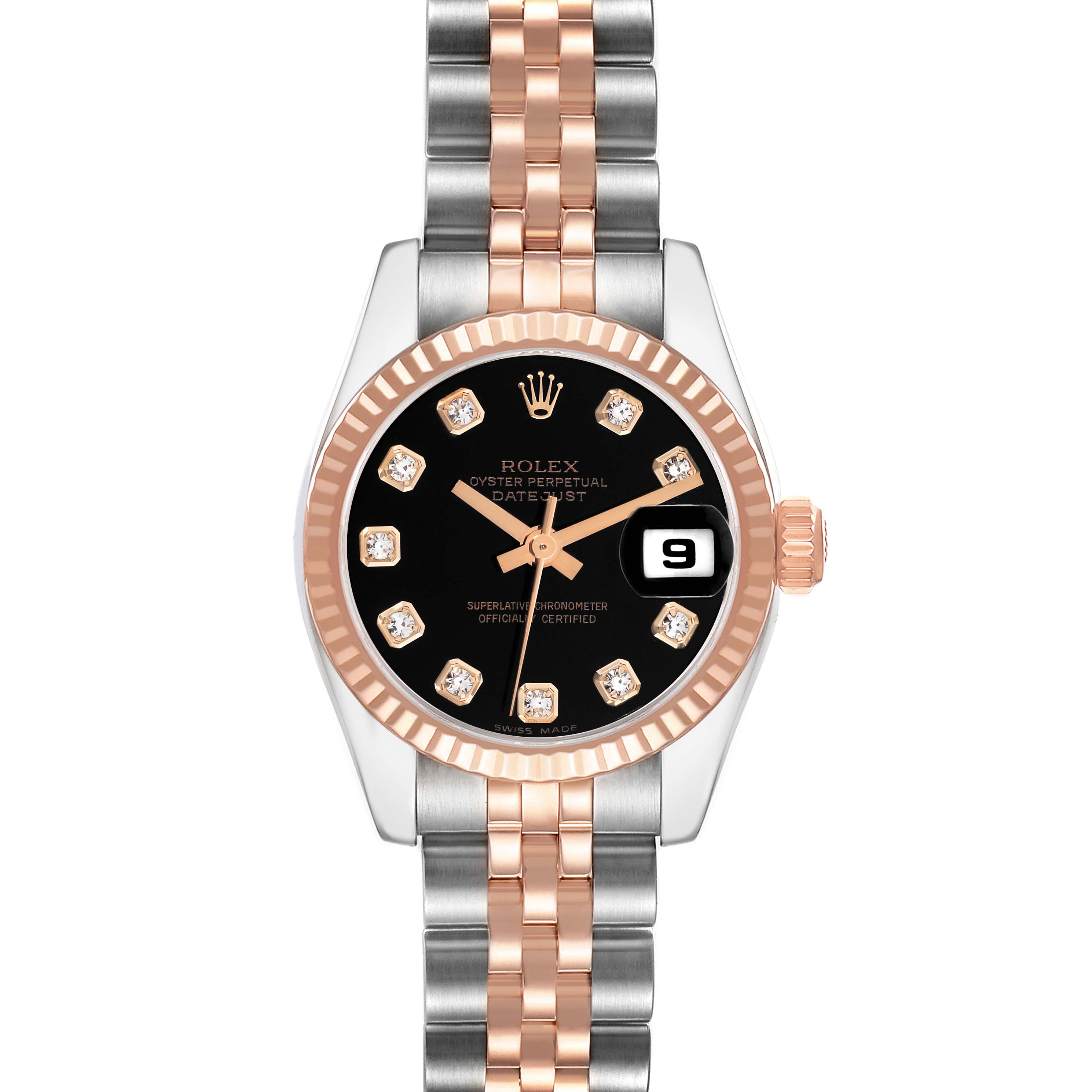 The image shows a frontal view of the Rolex Datejust 179171 Women
s Steel and Gold (two tone) Black Dial watch, highlighting the dial, bezel, and two-tone bracelet.