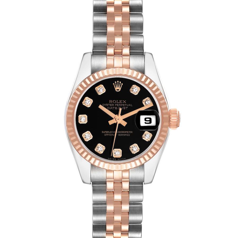 The image shows a frontal view of the Rolex Datejust 179171 Women's Steel and Gold (two tone) Black Dial watch, highlighting the dial, bezel, and two-tone bracelet.