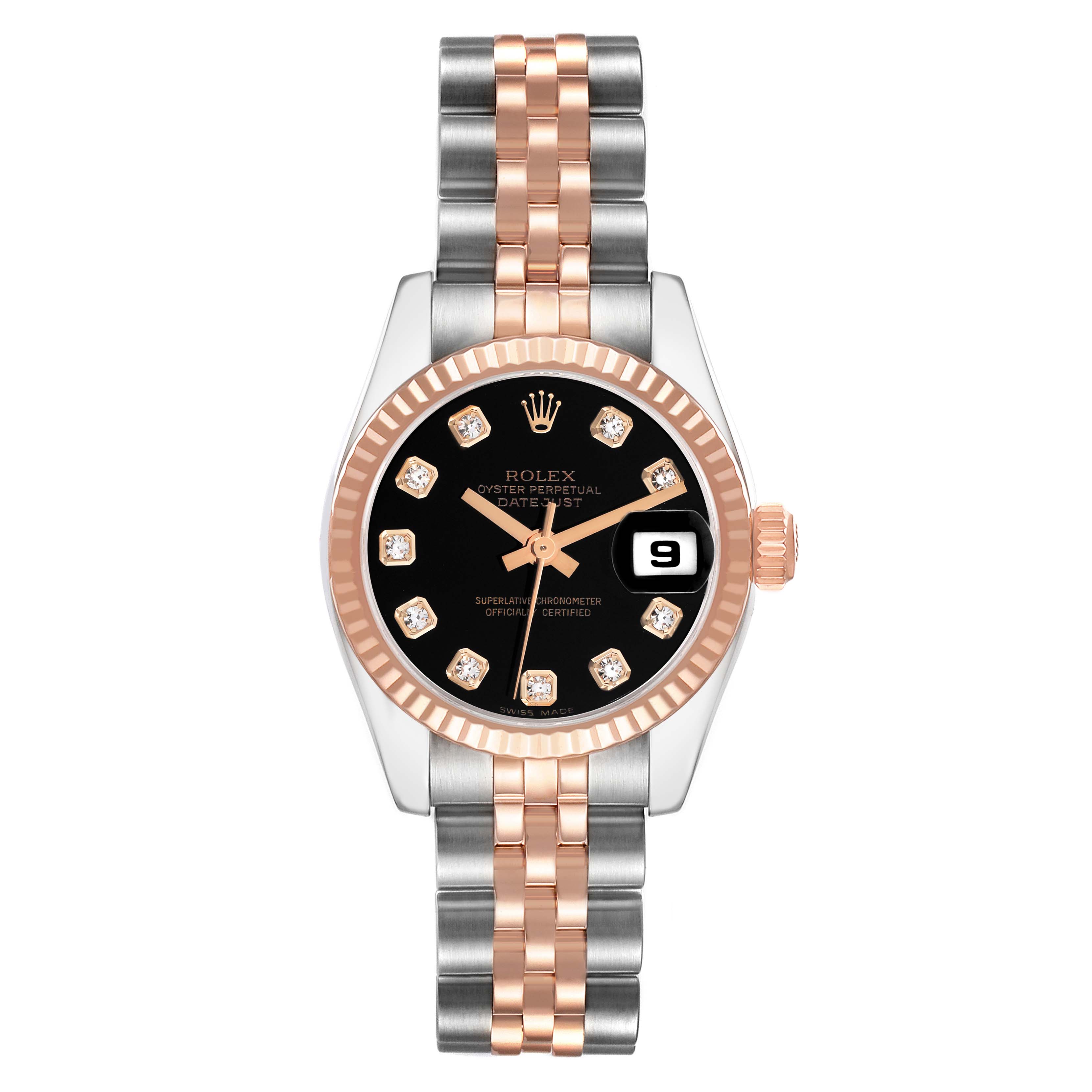 This Rolex Datejust 179171 Women
s Steel and Gold (two tone) Black Dial watch is shown from the front, featuring a black dial, diamond markers, and a two-tone bracelet.