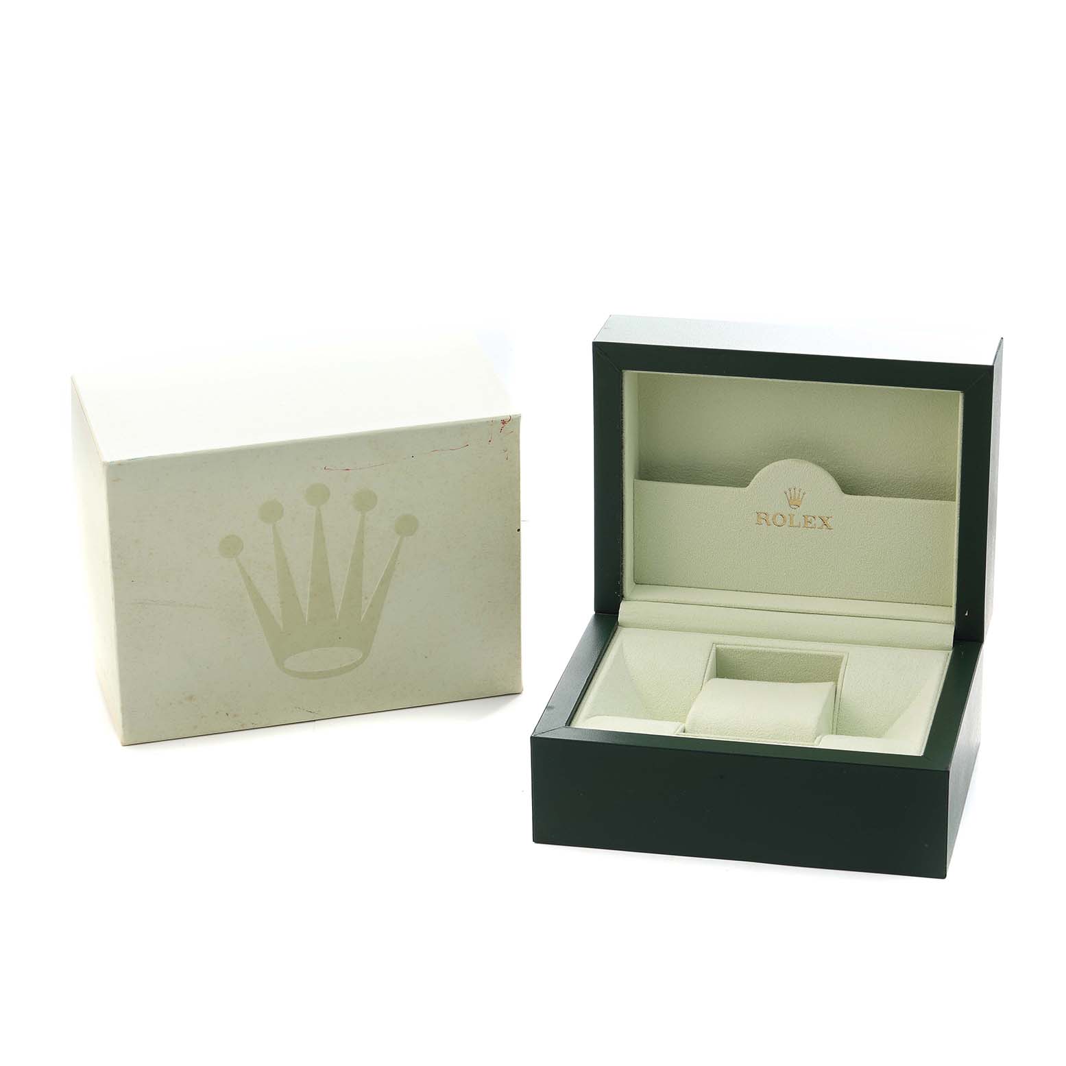 The image shows the open box for the Rolex Datejust 179171 Women
s Steel and Gold (two tone) Black Dial, including the outer box and the inner display case.