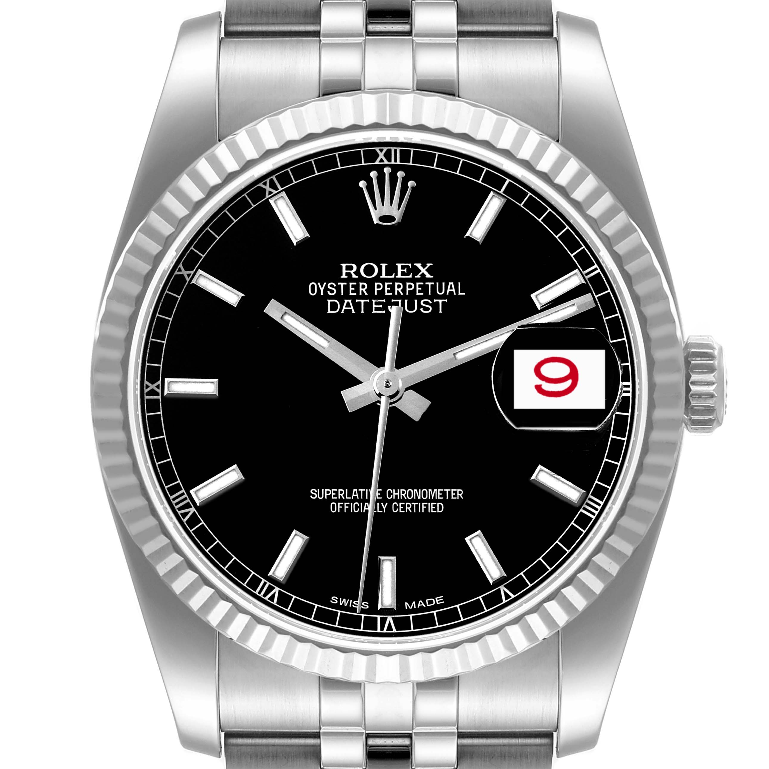 The Rolex Datejust 116234 Men's Stainless Steel Black Dial 116234 Men's Stainless Steel Black Dial model is shown from the front, displaying its black dial, date window, and stainless steel bracelet.