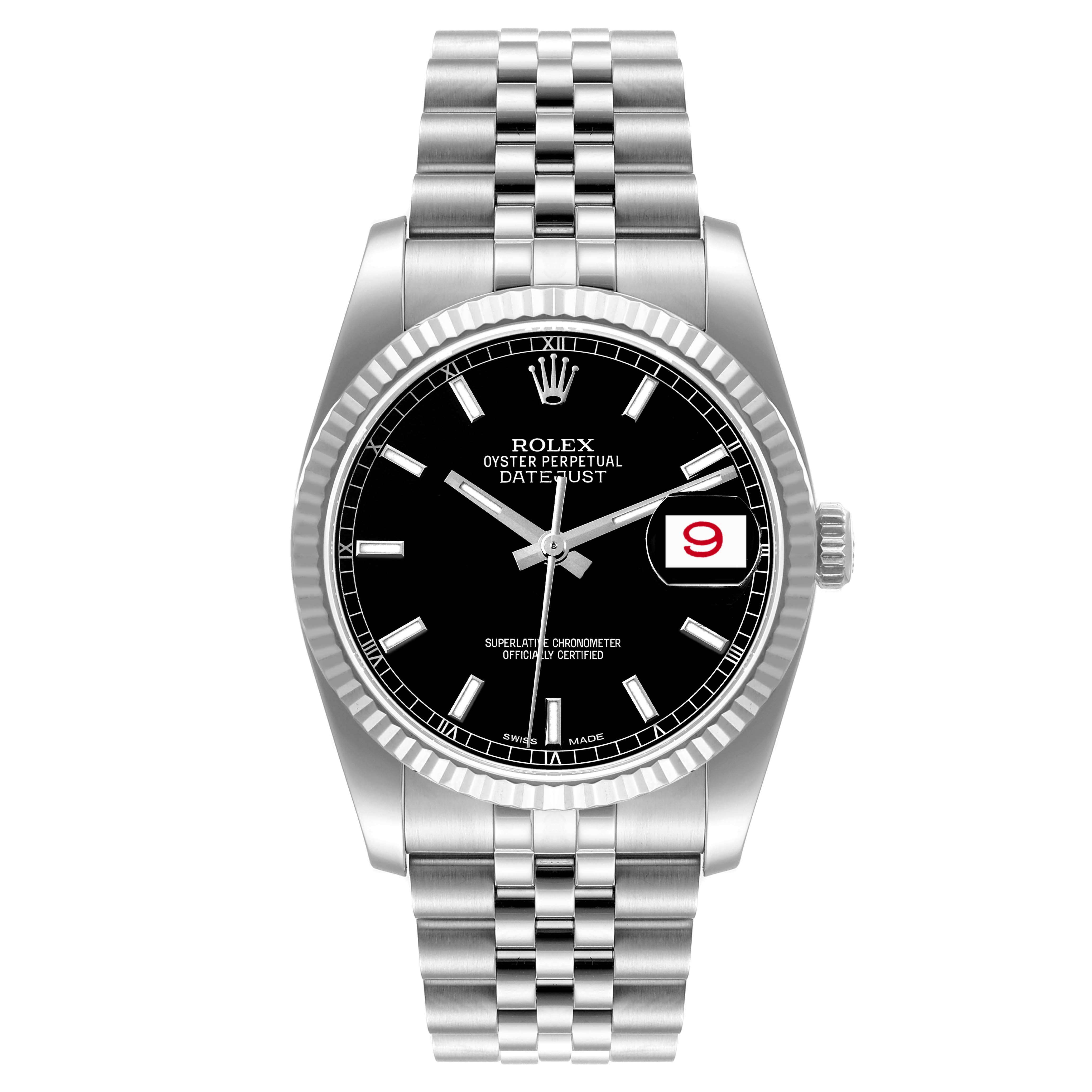 The image shows a Rolex Datejust 116234 Men's Stainless Steel Black Dial 116234 Men's Stainless Steel Black Dial watch from a front view, highlighting its black dial, fluted bezel, and Jubilee bracelet.