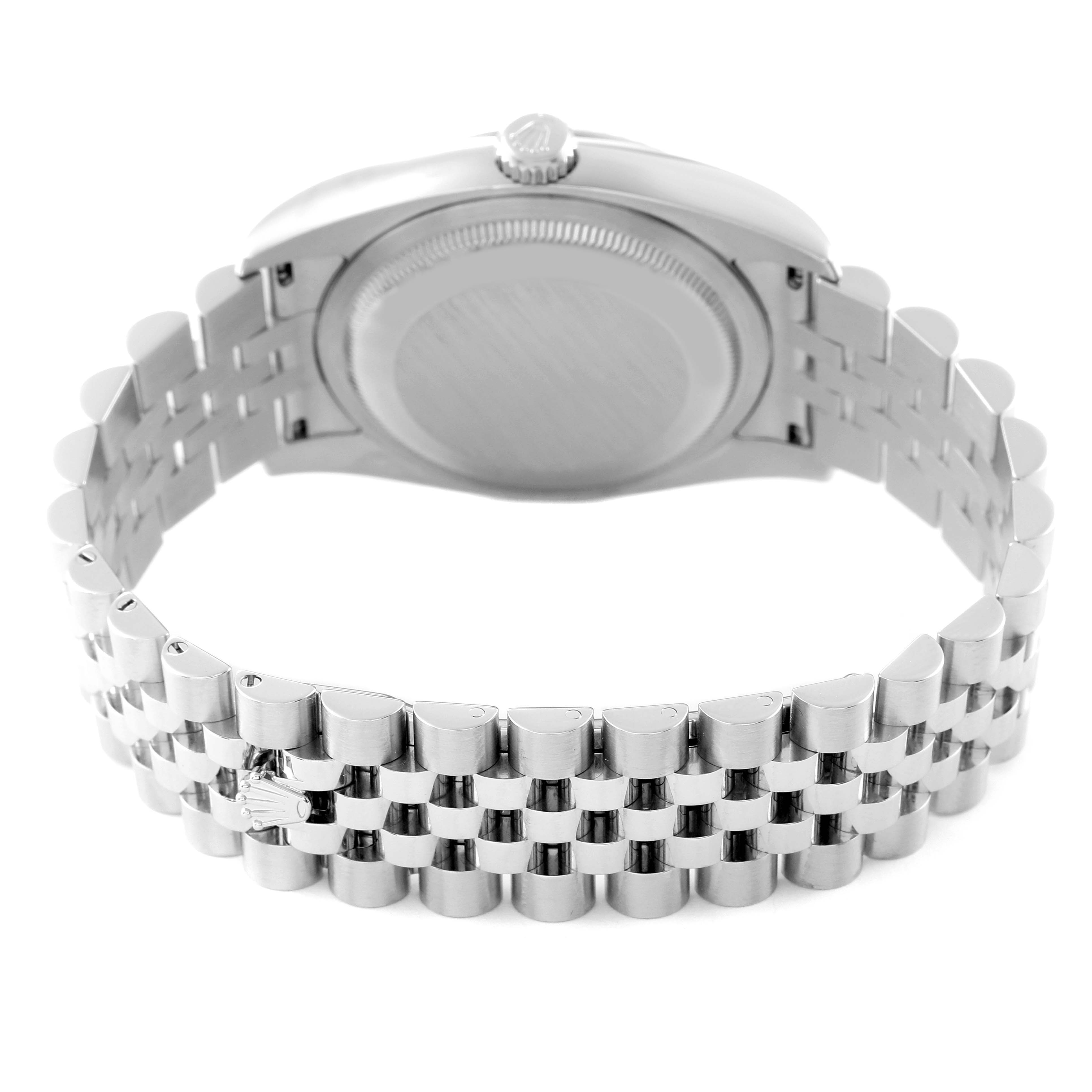 The image shows the back case, crown, and bracelet of a Rolex Datejust 116234 Men's Stainless Steel Black Dial 116234 Men's Stainless Steel Black Dial watch from a rear angle.