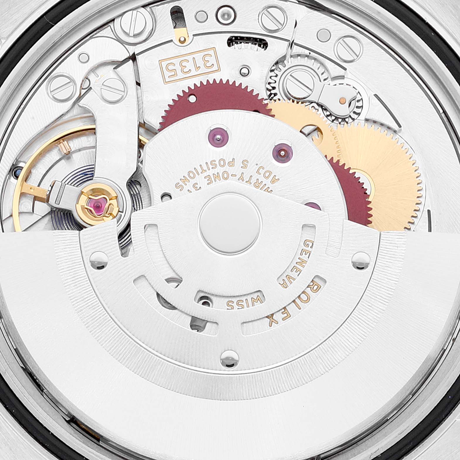 This image shows the internal mechanical movement of the Rolex Datejust 116234 Men's Stainless Steel Black Dial 116234 Men's Stainless Steel Black Dial watch from a top-down angle.