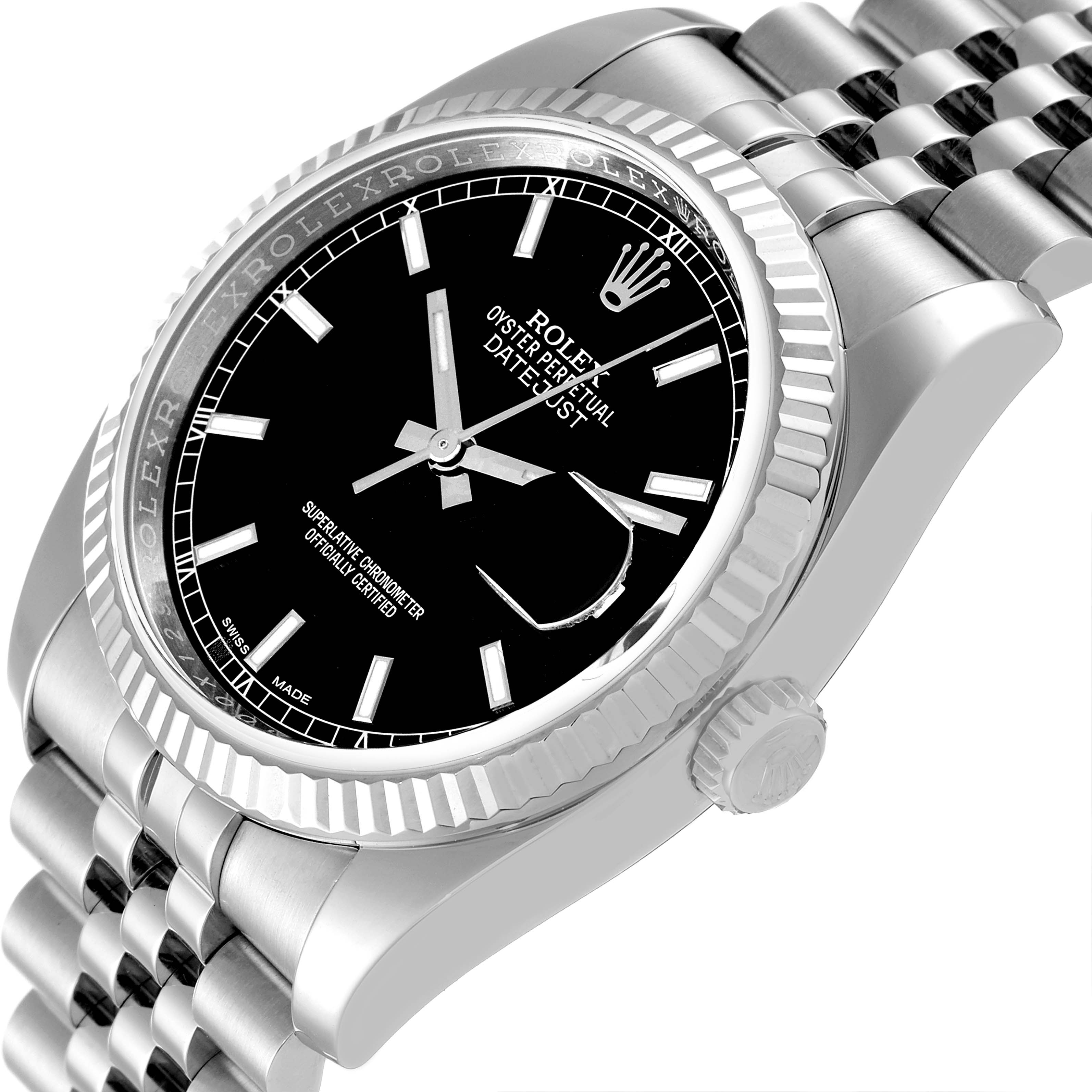The image shows a Rolex Datejust 116234 Men's Stainless Steel Black Dial 116234 Men's Stainless Steel Black Dial watch from an angled side view, highlighting the dial, bezel, and bracelet.