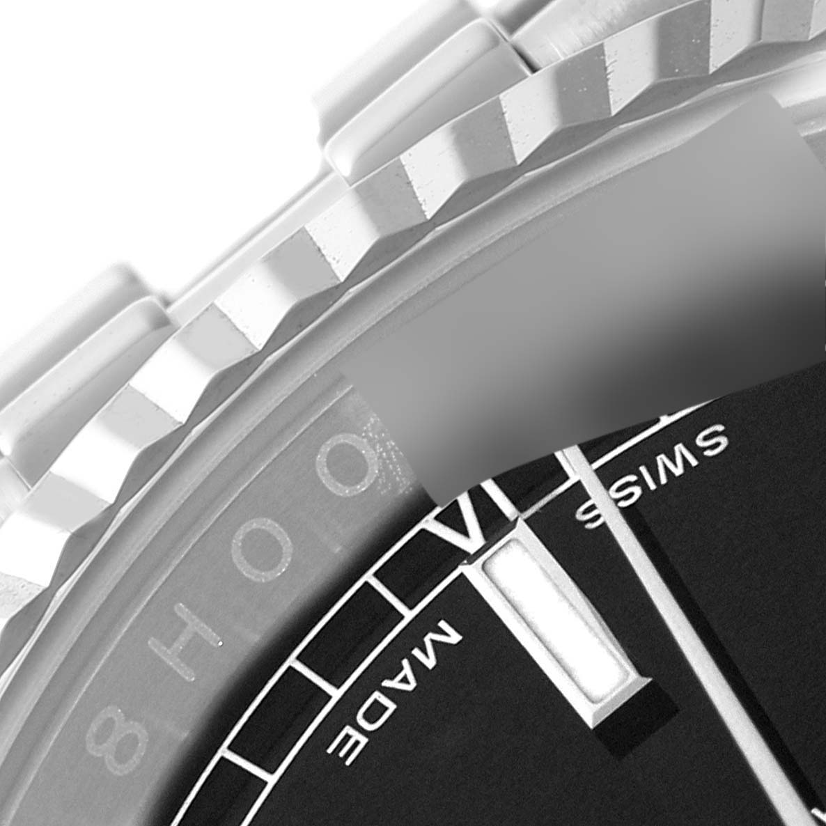The image shows a close-up of the bezel, part of the dial, and the "Swiss Made" text of a Rolex Datejust 116234 Men's Stainless Steel Black Dial 116234 Men's Stainless Steel Black Dial watch.