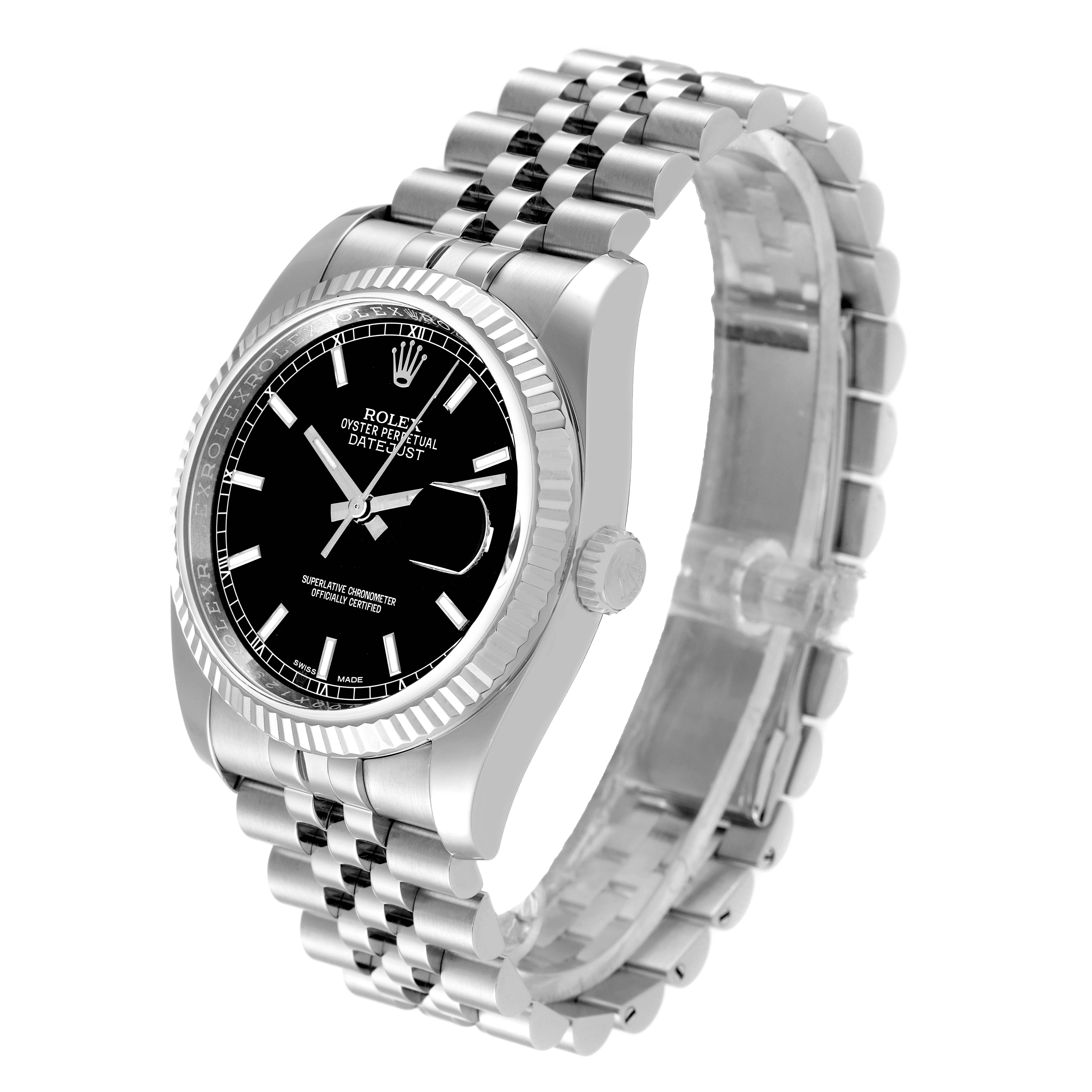 The image shows a Rolex Datejust 116234 Men's Stainless Steel Black Dial 116234 Men's Stainless Steel Black Dial watch at a three-quarter angle, highlighting the dial, crown, bezel, and jubilee bracelet.