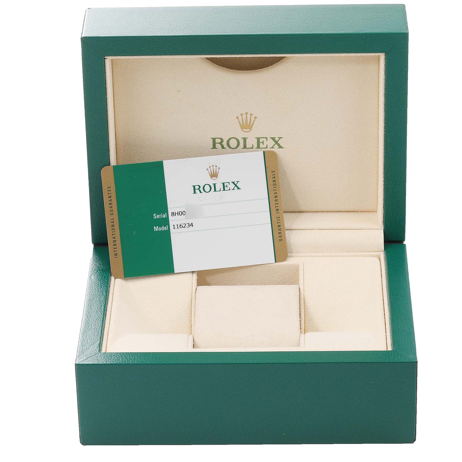 The image shows an open green box for a Rolex Datejust 116234 Men's Stainless Steel Black Dial 116234 Men's Stainless Steel Black Dial watch, displaying a warranty card inside.