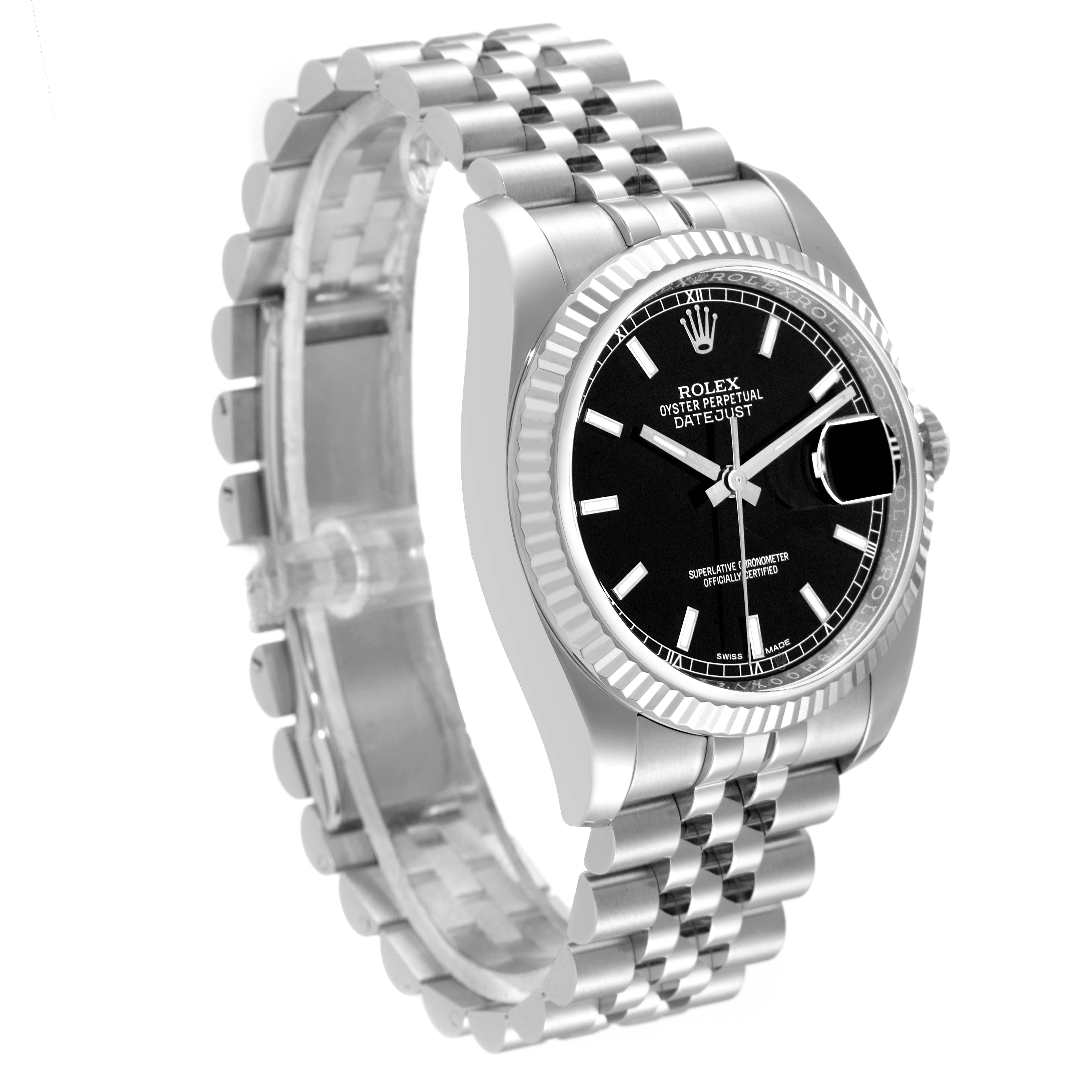 The image shows a Rolex Datejust 116234 Men's Stainless Steel Black Dial 116234 Men's Stainless Steel Black Dial watch from an angled side view, displaying its face, bezel, and bracelet.