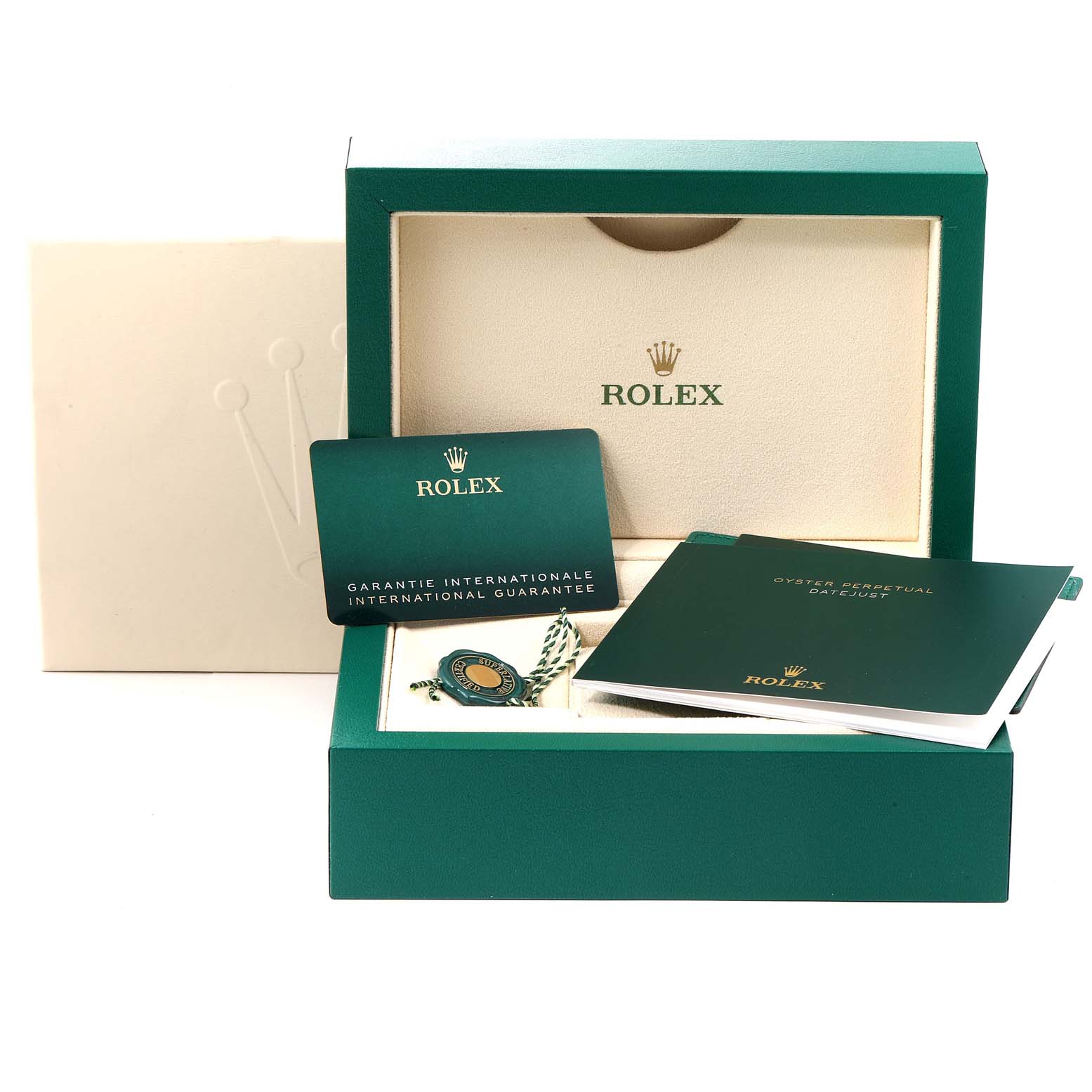 The image shows the box, warranty card, hang tag, and booklet accessories for a Rolex Datejust 126234 Men's Stainless Steel Blue Dial 126234 Men's Stainless Steel Blue Dial watch.