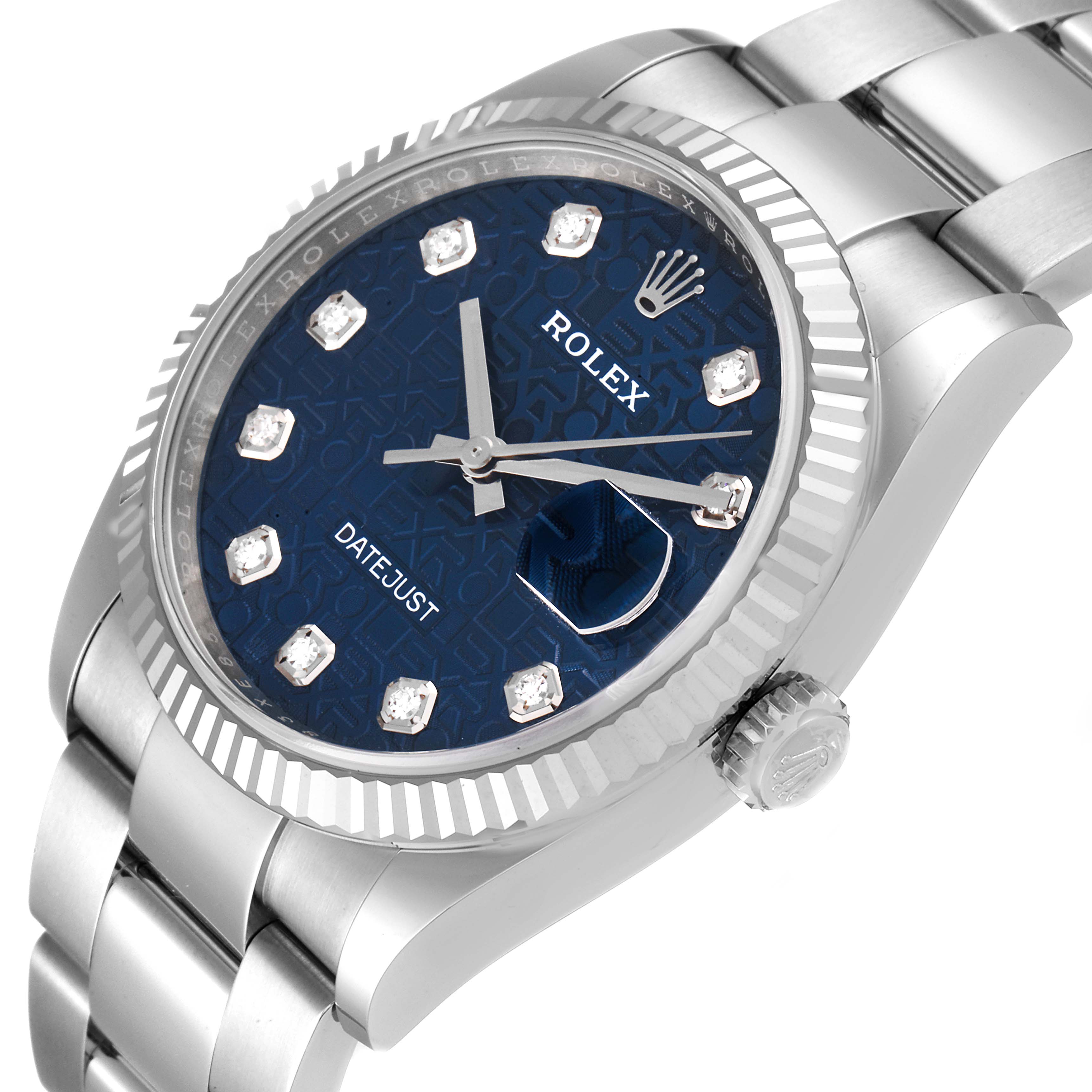 The image shows a close-up, tilted angle of a Rolex Datejust 126234 Men's Stainless Steel Blue Dial 126234 Men's Stainless Steel Blue Dial watch, highlighting the face, bezel, crown, and part of the bracelet.