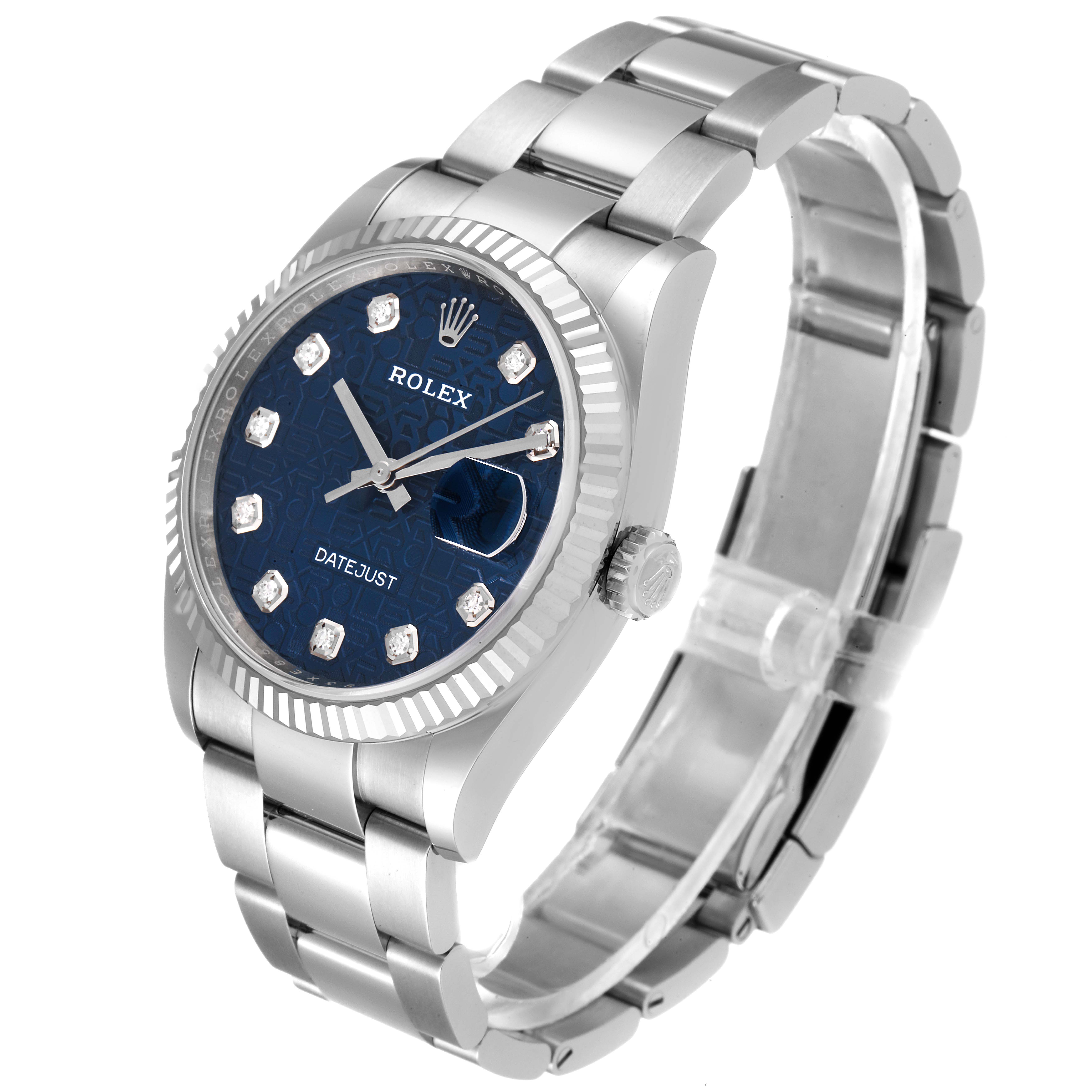 This image shows a Rolex Datejust 126234 Men's Stainless Steel Blue Dial 126234 Men's Stainless Steel Blue Dial watch at a 3/4 angle, highlighting its blue dial, bezel, crown, and bracelet.
