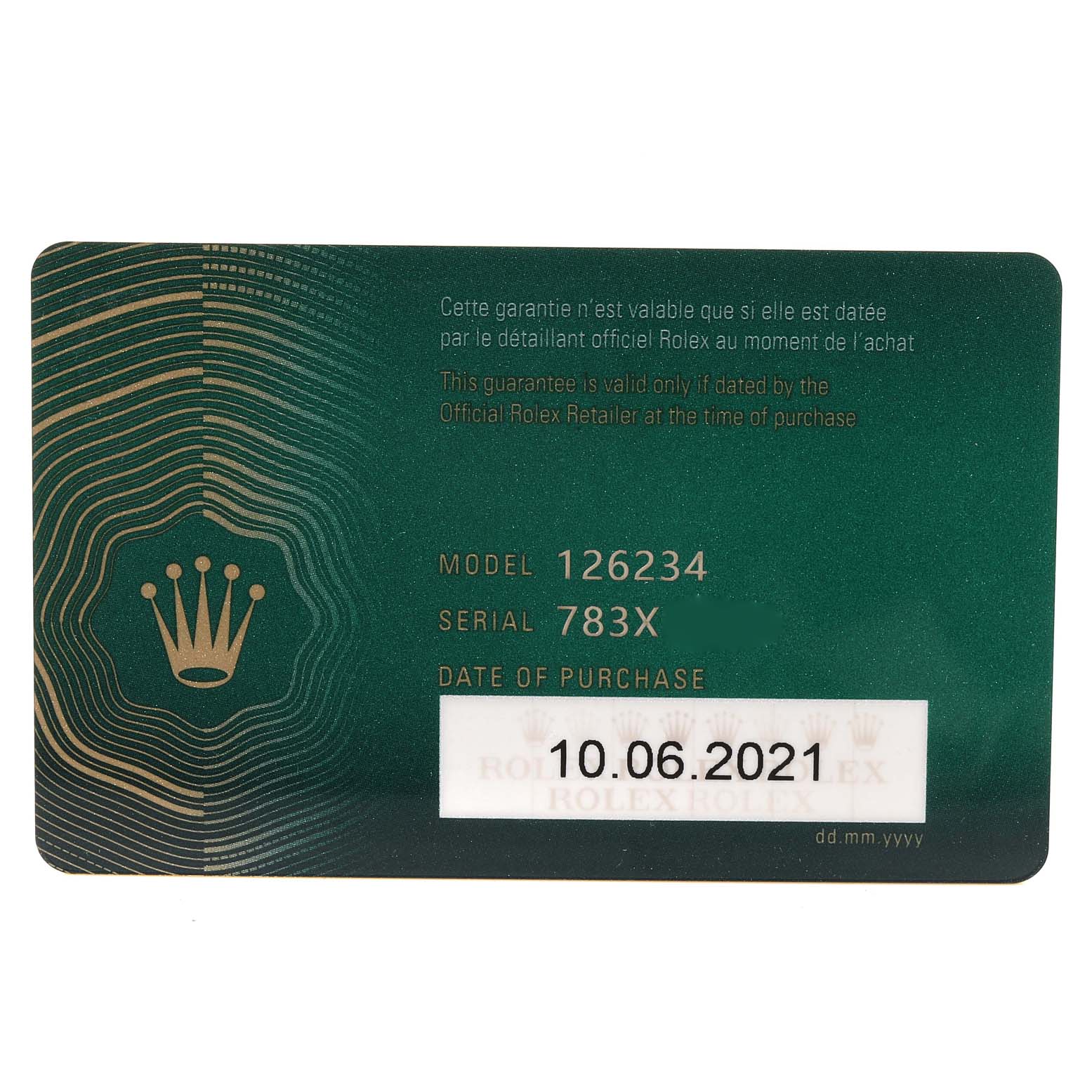 This is a warranty card for the Rolex Datejust 126234 Men's Stainless Steel Blue Dial 126234 Men's Stainless Steel Blue Dial model 126234, showing the model, serial number, and date of purchase.