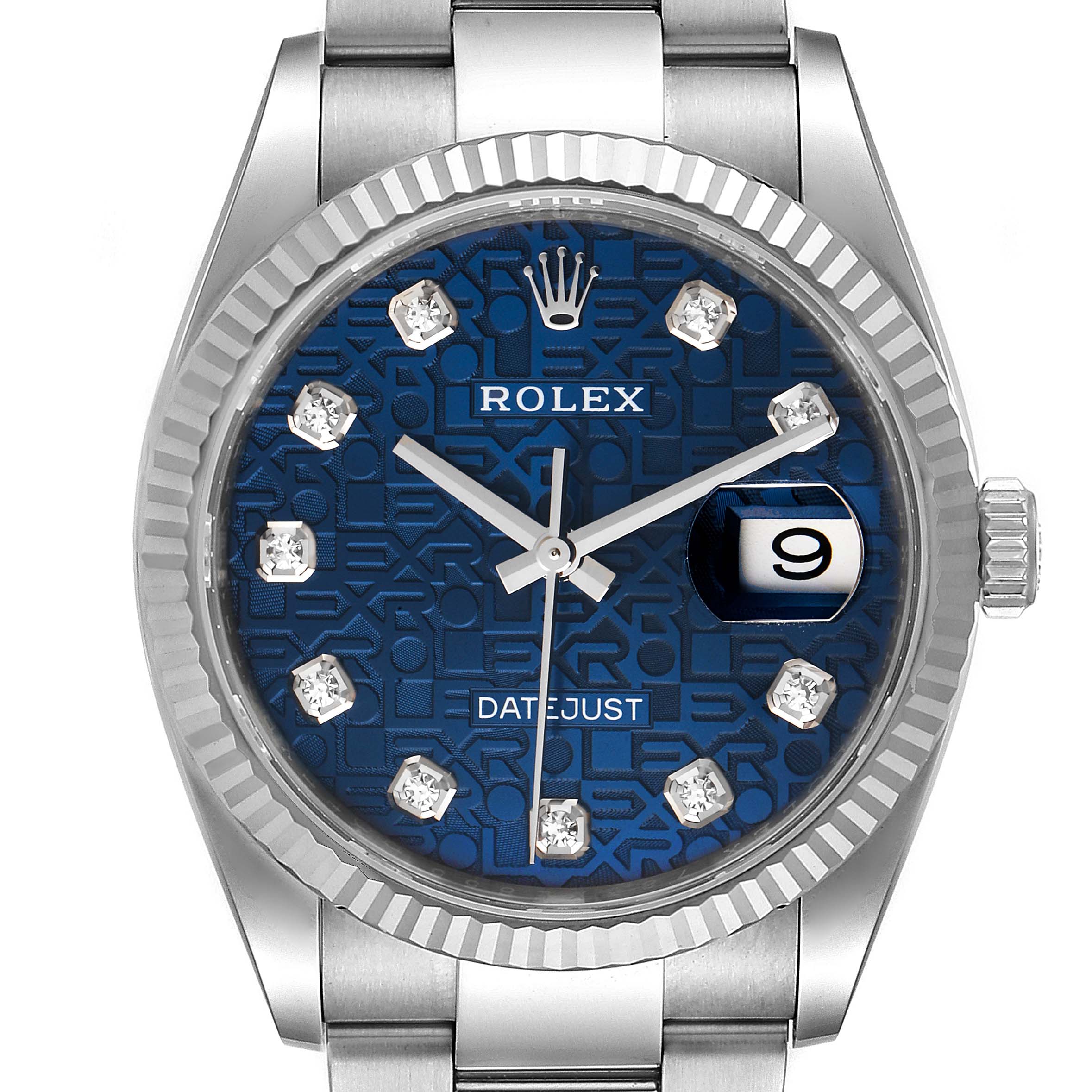 The image shows a frontal view of the Rolex Datejust 126234 Men's Stainless Steel Blue Dial 126234 Men's Stainless Steel Blue Dial watch, highlighting the blue dial, diamond markers, and date window.