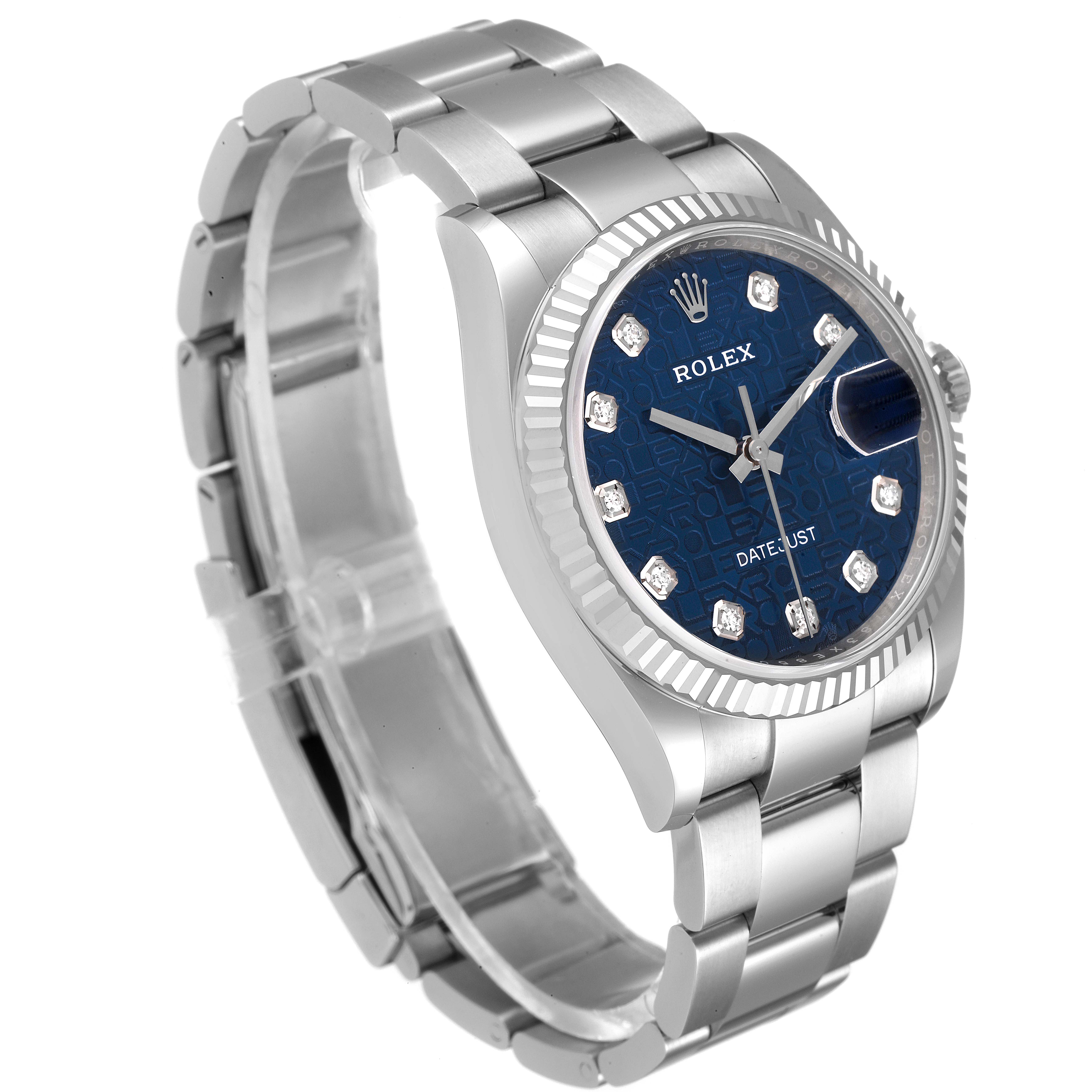 The image shows a Rolex Datejust 126234 Men's Stainless Steel Blue Dial 126234 Men's Stainless Steel Blue Dial watch at a 45-degree angle, highlighting the dial, bezel, crown, and bracelet.