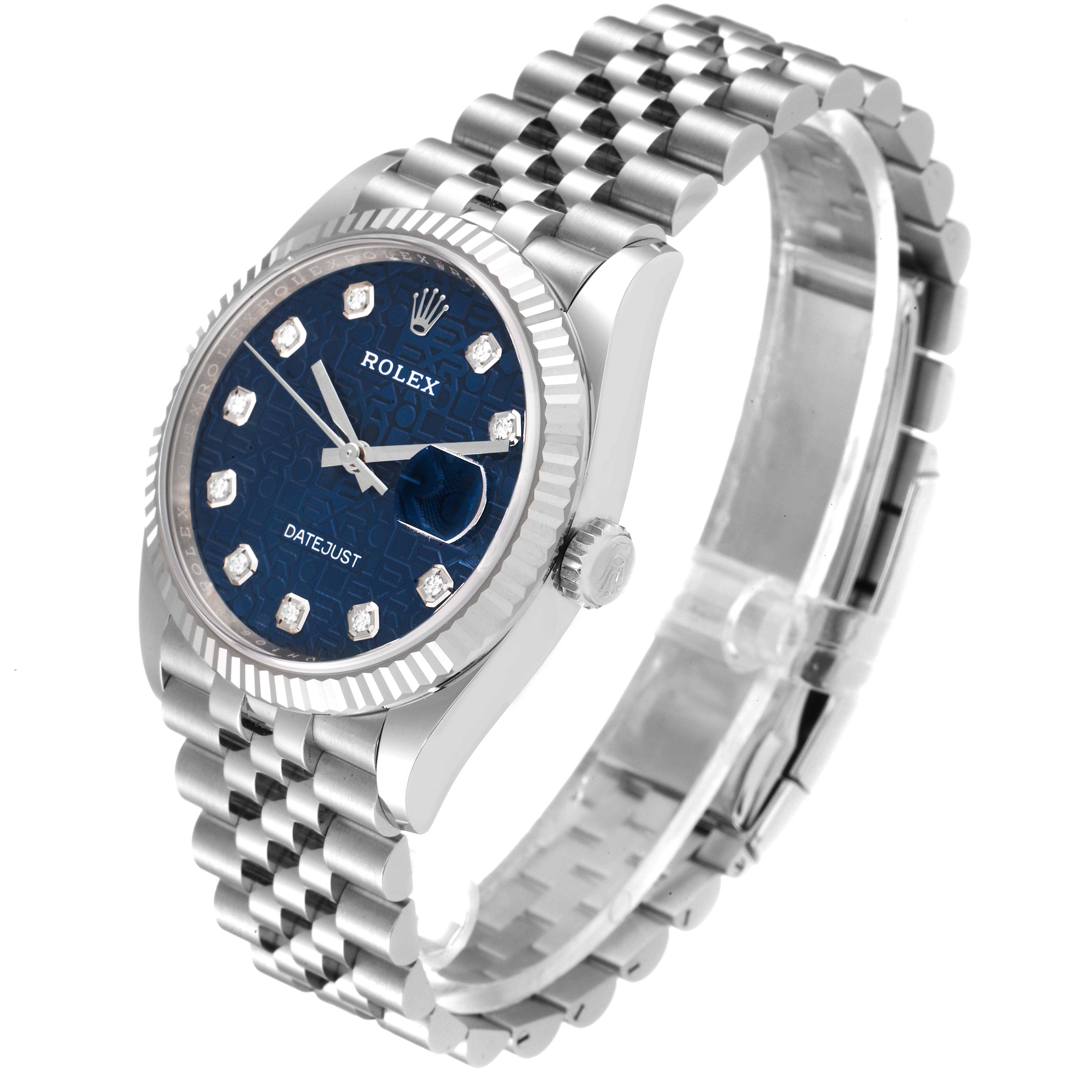 The image shows a Rolex Datejust 126234 Men's Stainless Steel Blue Dial 126234 Men's Stainless Steel Blue Dial watch angled slightly from above, displaying the face, fluted bezel, and Jubilee bracelet.