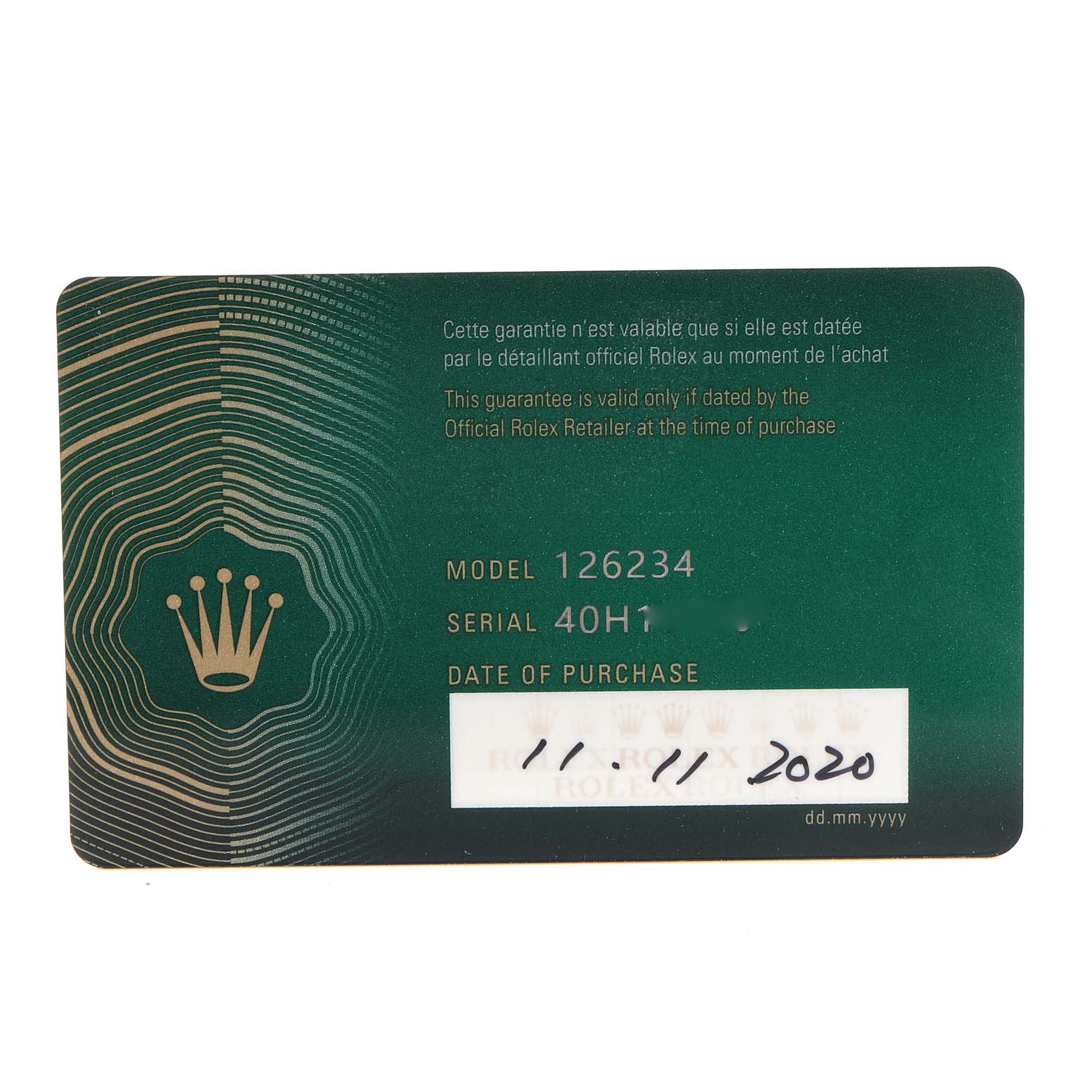 This image shows a Rolex Datejust 126234 Men's Stainless Steel Blue Dial 126234 Men's Stainless Steel Blue Dial model 126234 warranty card, including the serial number and date of purchase.