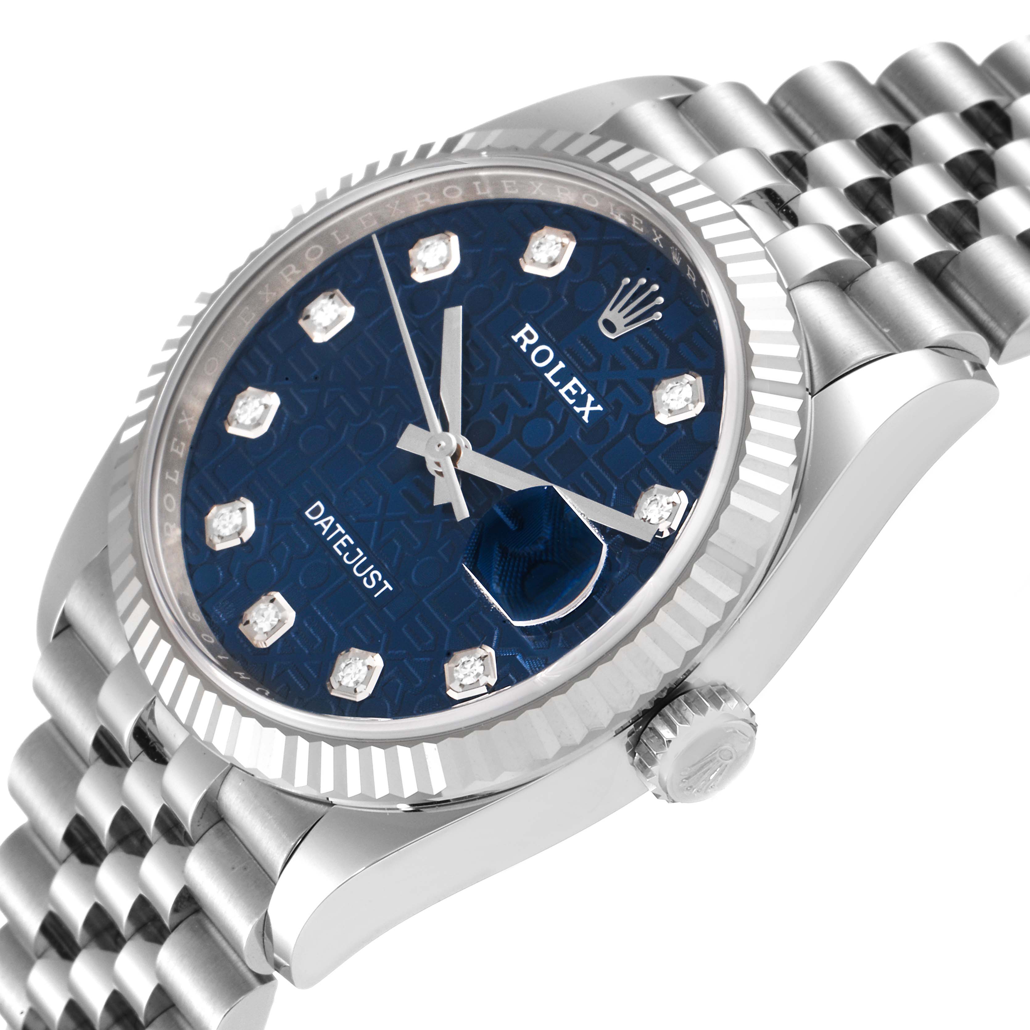 The image shows a Rolex Datejust 126234 Men's Stainless Steel Blue Dial 126234 Men's Stainless Steel Blue Dial watch at a tilted angle, highlighting its face, bezel, crown, and bracelet.