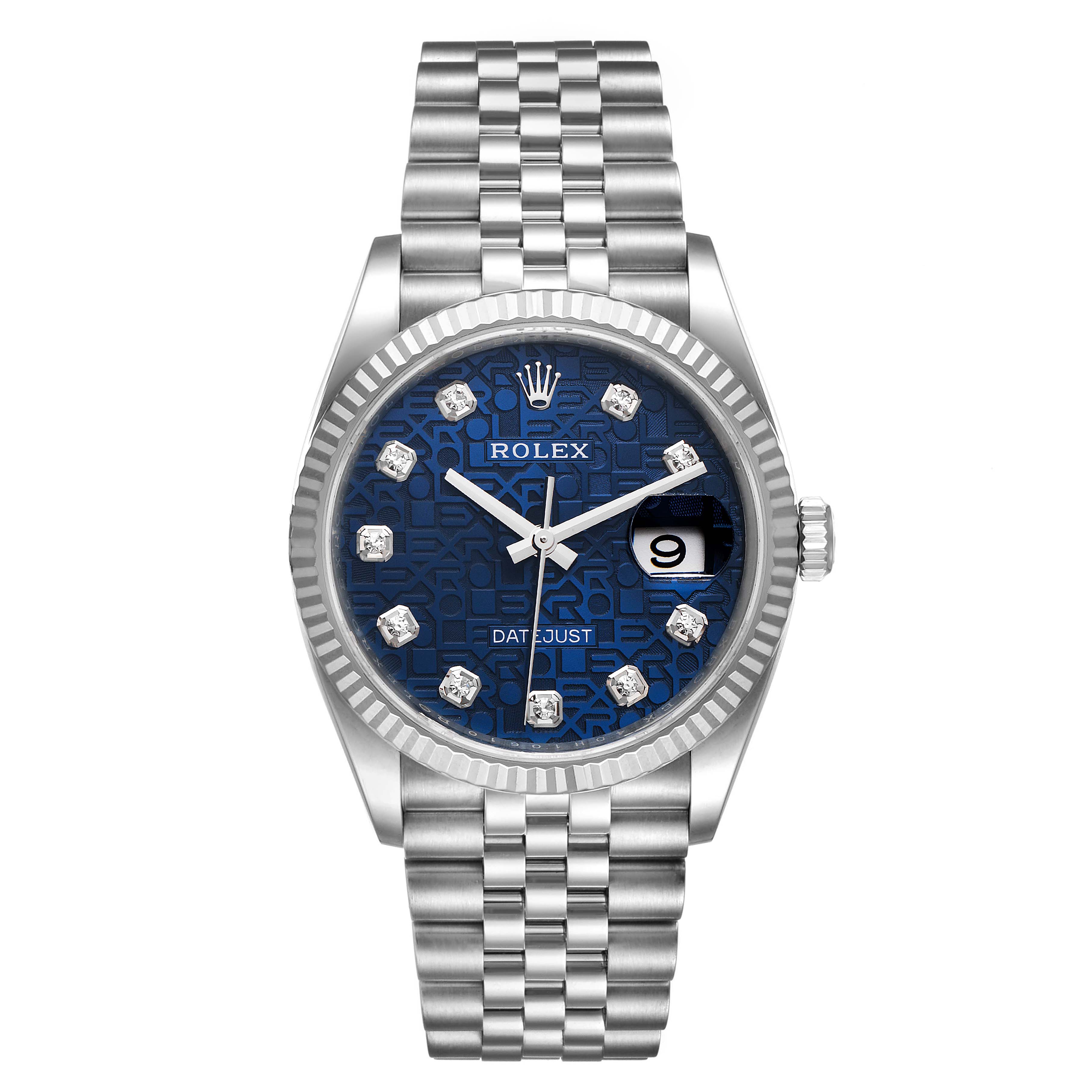 The Rolex Datejust 126234 Men's Stainless Steel Blue Dial 126234 Men's Stainless Steel Blue Dial watch is shown from a frontal angle, displaying its face, bezel, and bracelet.