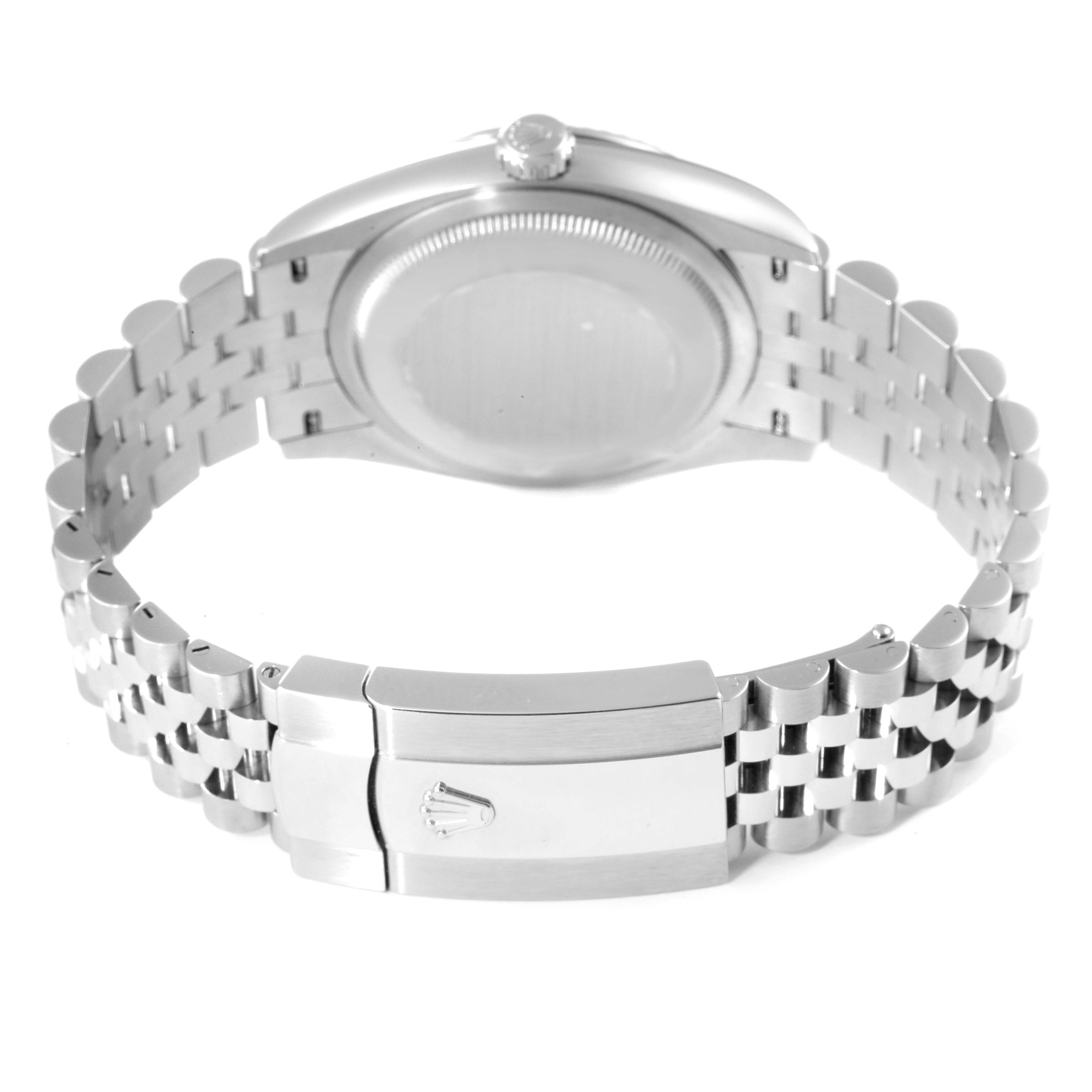 This image of the Rolex Datejust 126234 Men's Stainless Steel Blue Dial 126234 Men's Stainless Steel Blue Dial watch shows the back of the case, the bracelet, and the clasp.