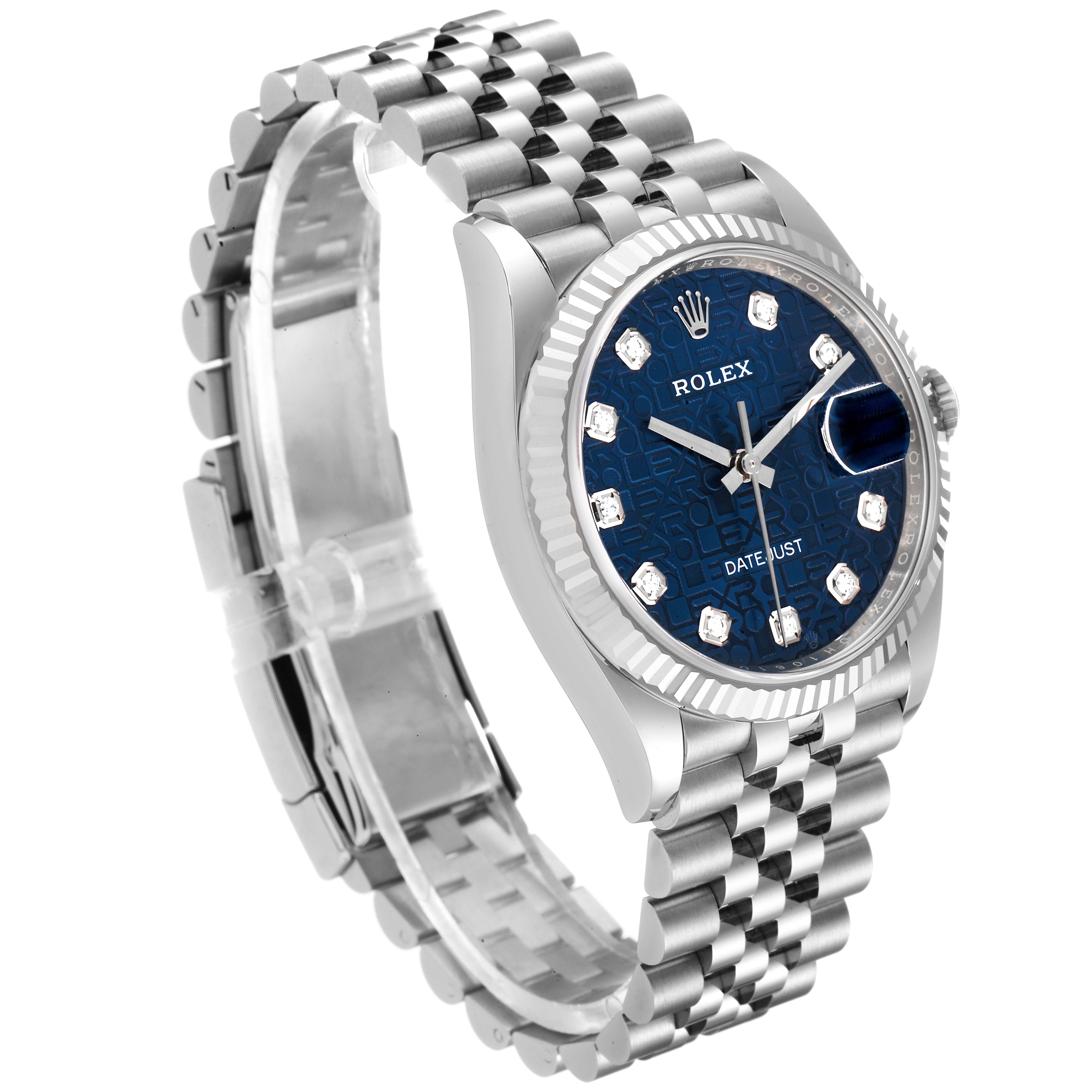 The image shows a Rolex Datejust 126234 Men's Stainless Steel Blue Dial 126234 Men's Stainless Steel Blue Dial watch at a three-quarter angle, highlighting the dial, case, and Jubilee bracelet.