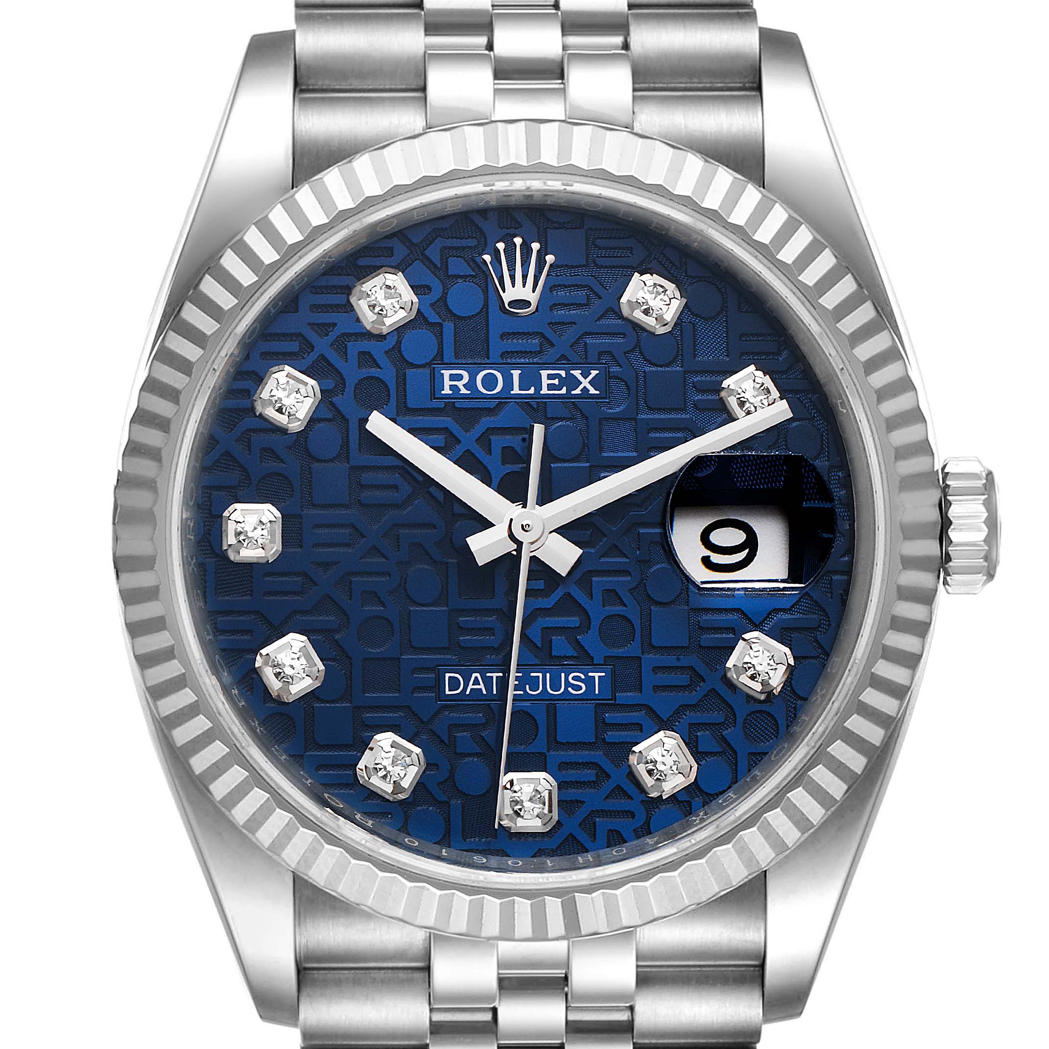 The image shows a frontal view of a Rolex Datejust 126234 Men's Stainless Steel Blue Dial 126234 Men's Stainless Steel Blue Dial watch with a blue dial, diamond markers, and a silver bracelet.