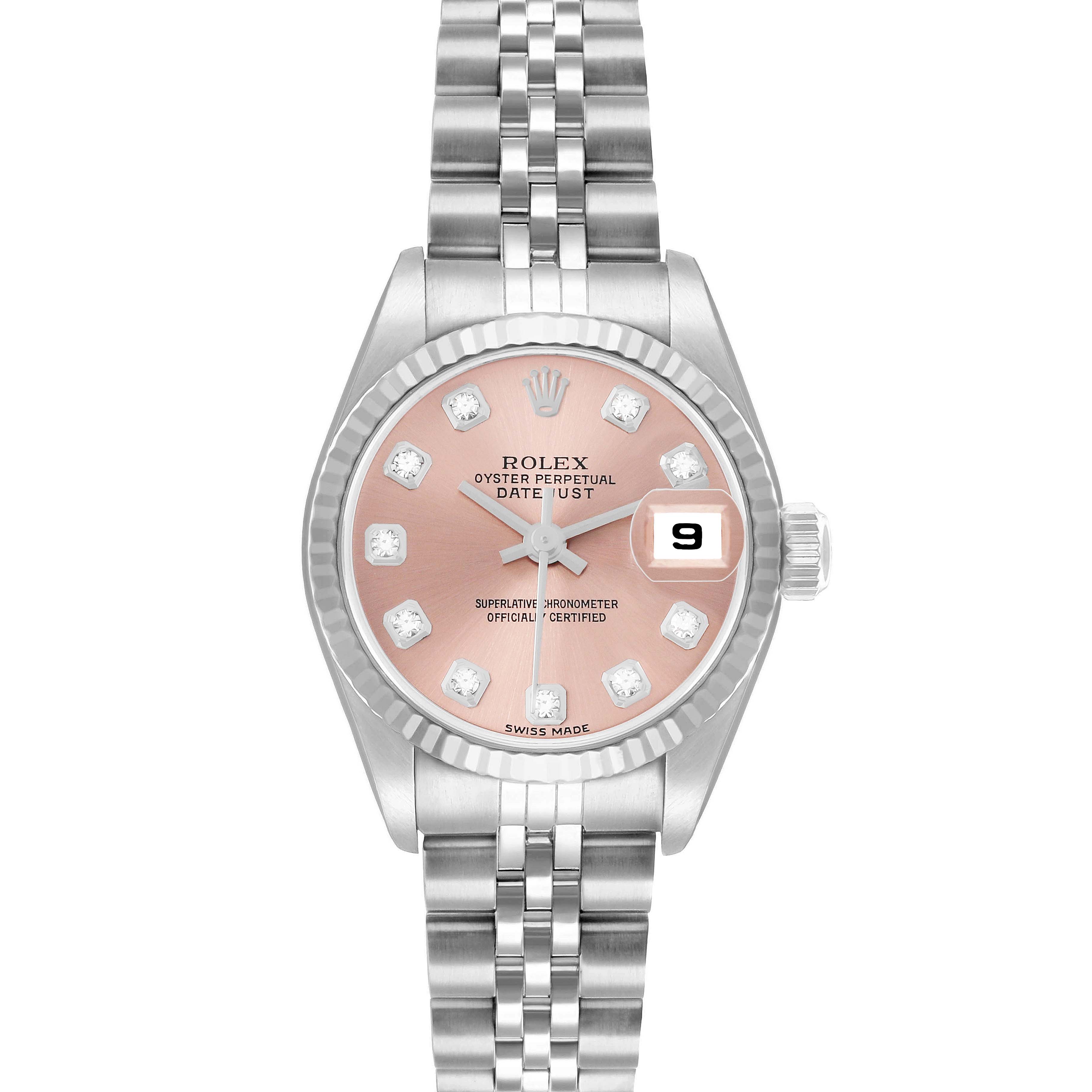 The Rolex Datejust 79174 Men
s Stainless Steel Pink Dial watch is shown from the front, highlighting its pink dial, date window, and Jubilee bracelet.