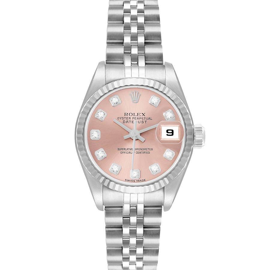 The Rolex Datejust 79174 Men's Stainless Steel Pink Dial watch is shown from the front, highlighting its pink dial, date window, and Jubilee bracelet.