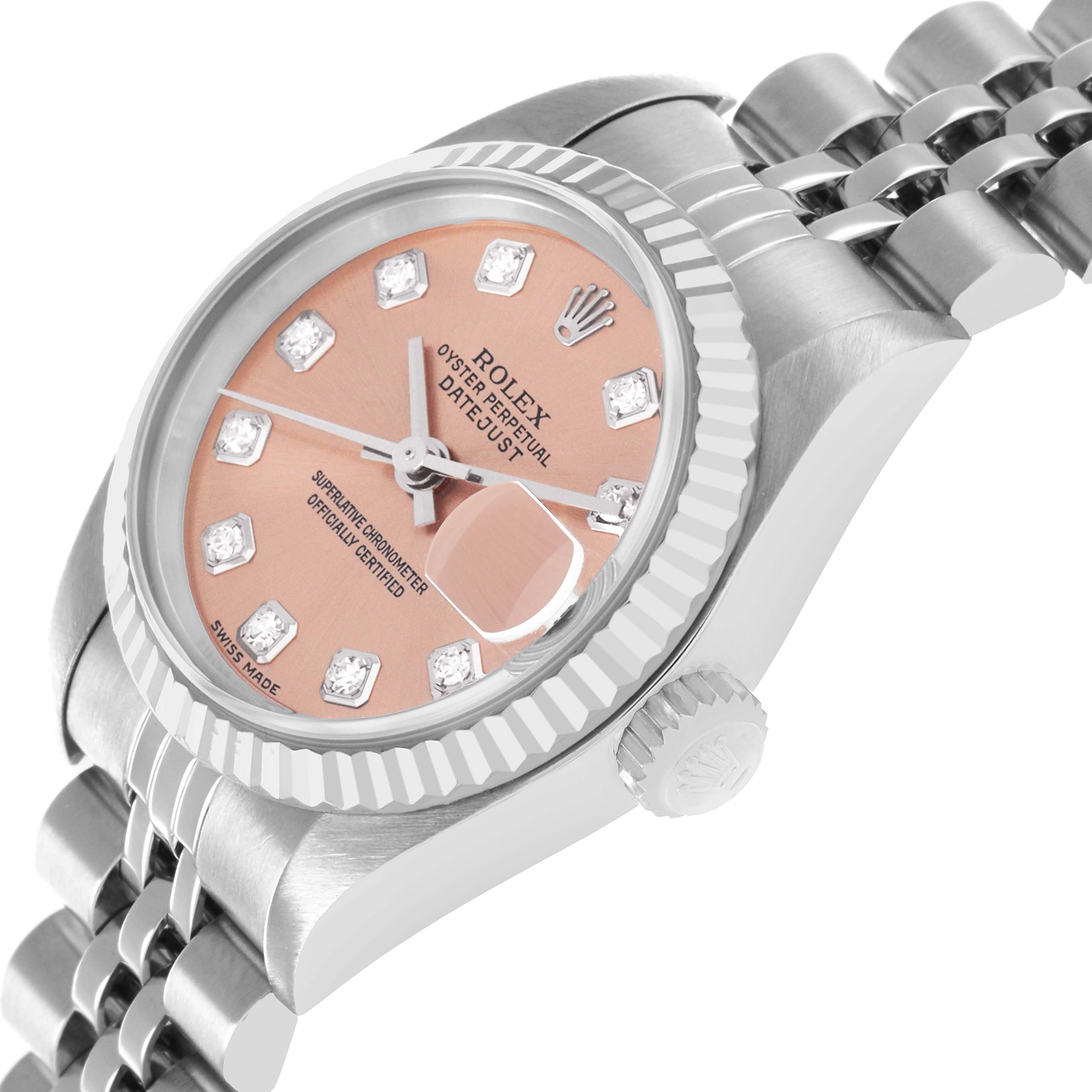 The Rolex Datejust 79174 Men
s Stainless Steel Pink Dial watch is shown at a slight angle, highlighting the dial, bezel, crown, and part of the bracelet.
