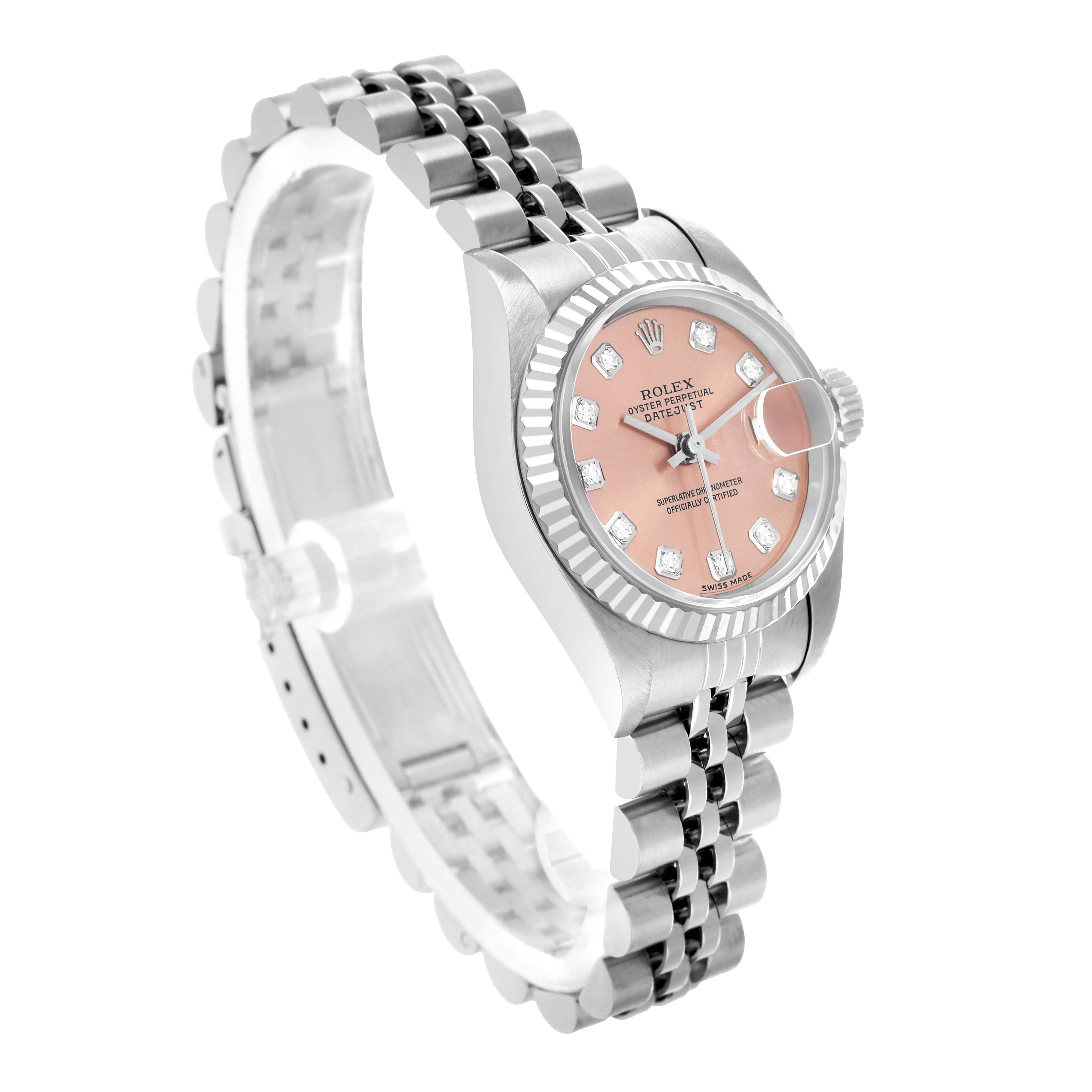 The Rolex Datejust 79174 Men
s Stainless Steel Pink Dial watch is shown at a three-quarter angle, highlighting the face, case, and jubilee bracelet.