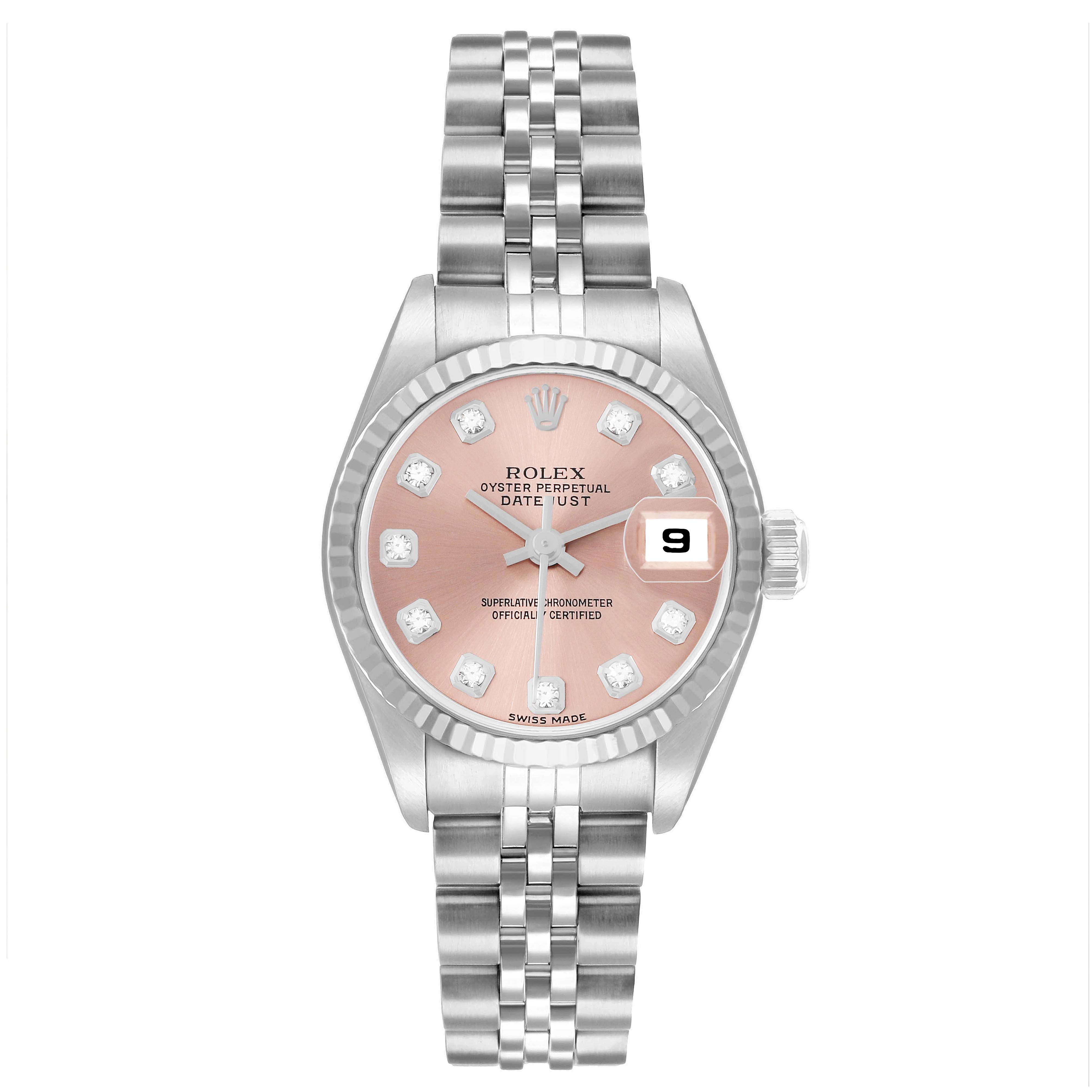 The Rolex Datejust 79174 Men
s Stainless Steel Pink Dial watch is shown from a top-down angle, highlighting its face, bezel, bracelet, and date magnification.