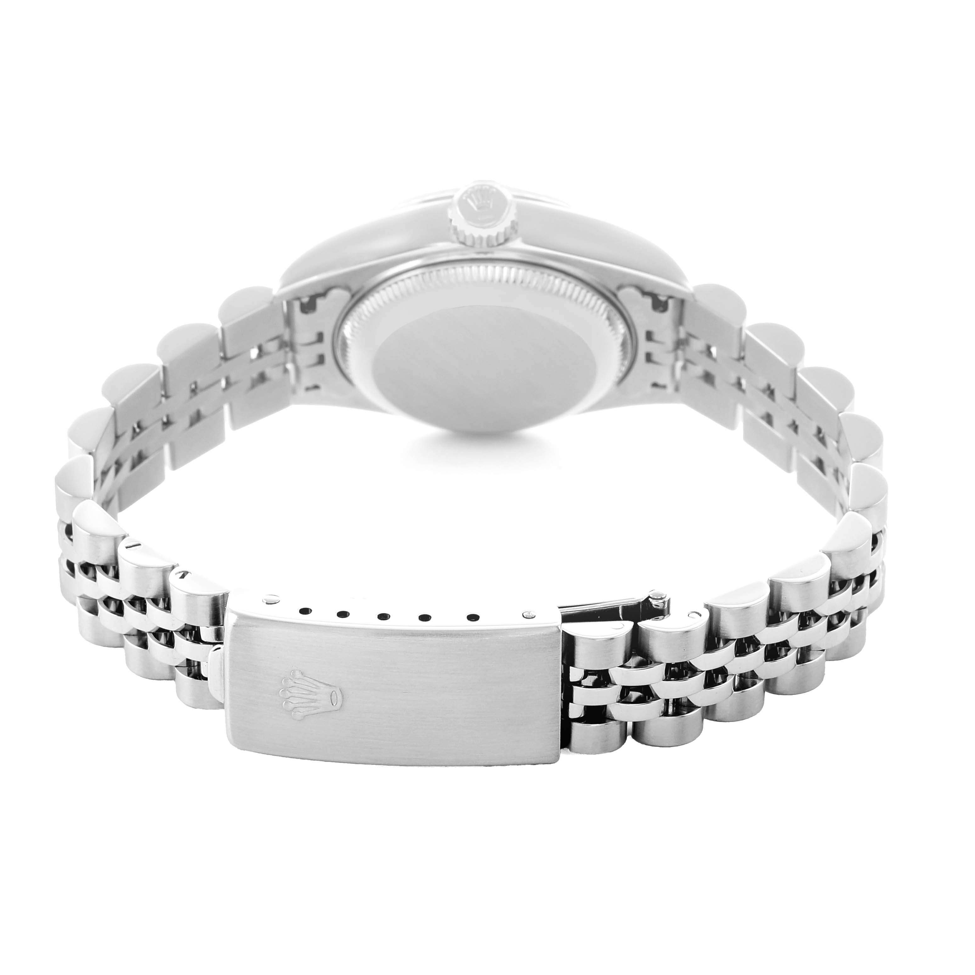 The Rolex Datejust 79174 Men
s Stainless Steel Pink Dial watch is shown from the back, featuring the closed clasp and part of the bracelet.