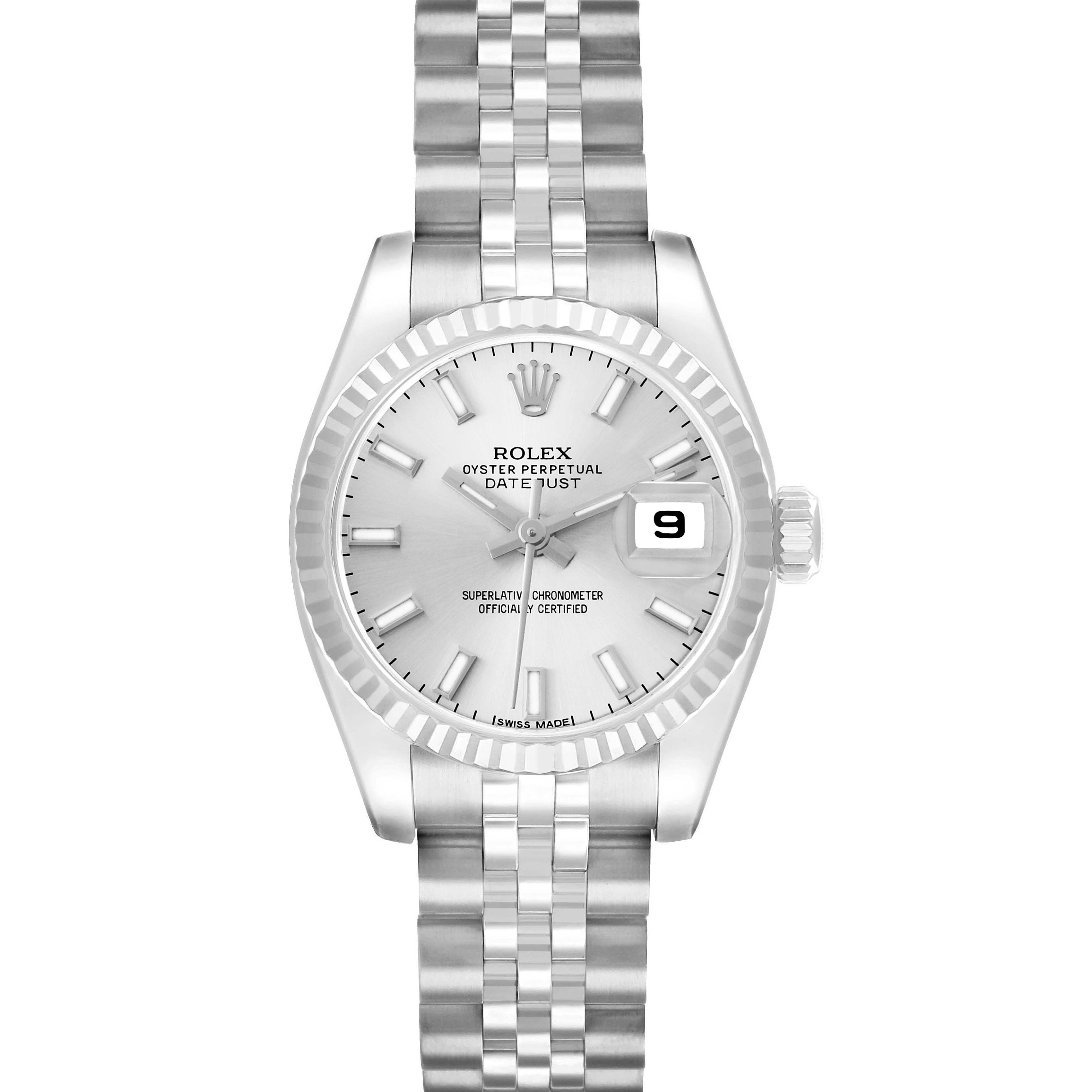 The Rolex Datejust 179174 Women
s Stainless Steel Silver Dial watch is shown from a front angle, highlighting its dial, bezel, and bracelet.