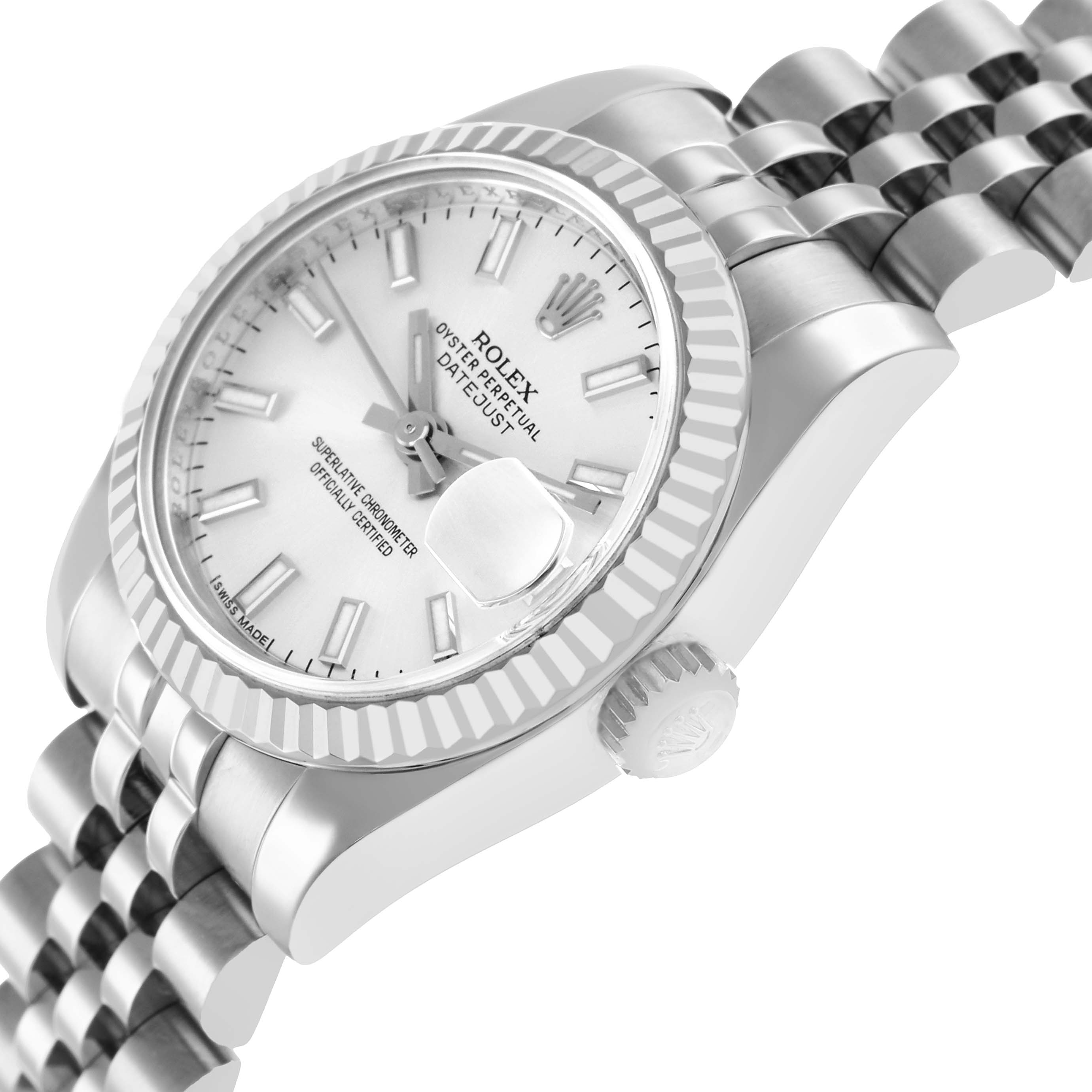 The image shows a Rolex Datejust 179174 Women
s Stainless Steel Silver Dial watch from a side angle, highlighting the fluted bezel, dial, and part of the bracelet.