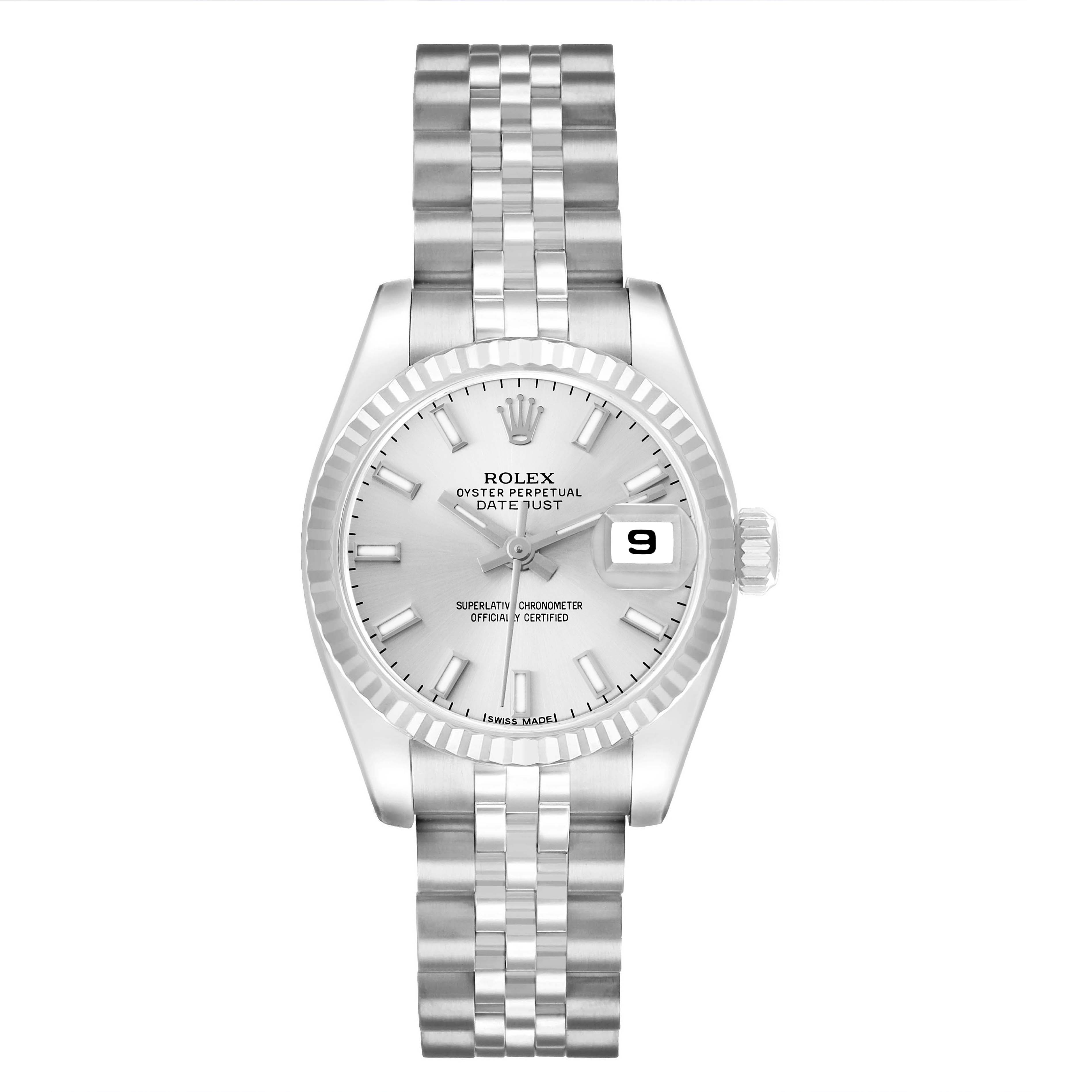 The Rolex Datejust 179174 Women
s Stainless Steel Silver Dial watch is shown from the front, displaying the dial, hands, bracelet, and date magnifier.