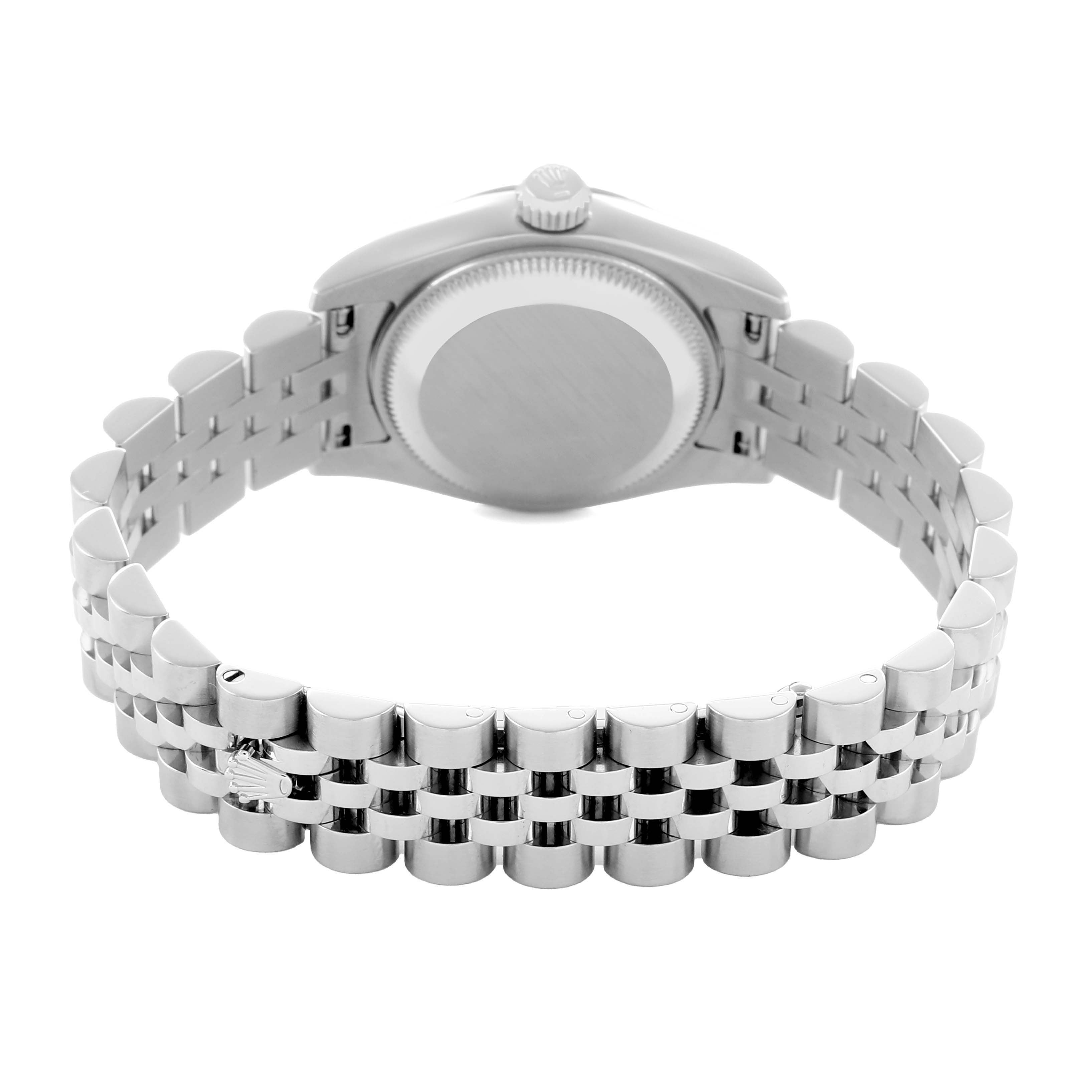 The Rolex Datejust 179174 Women
s Stainless Steel Silver Dial watch is shown from the back, highlighting the case and Jubilee bracelet.