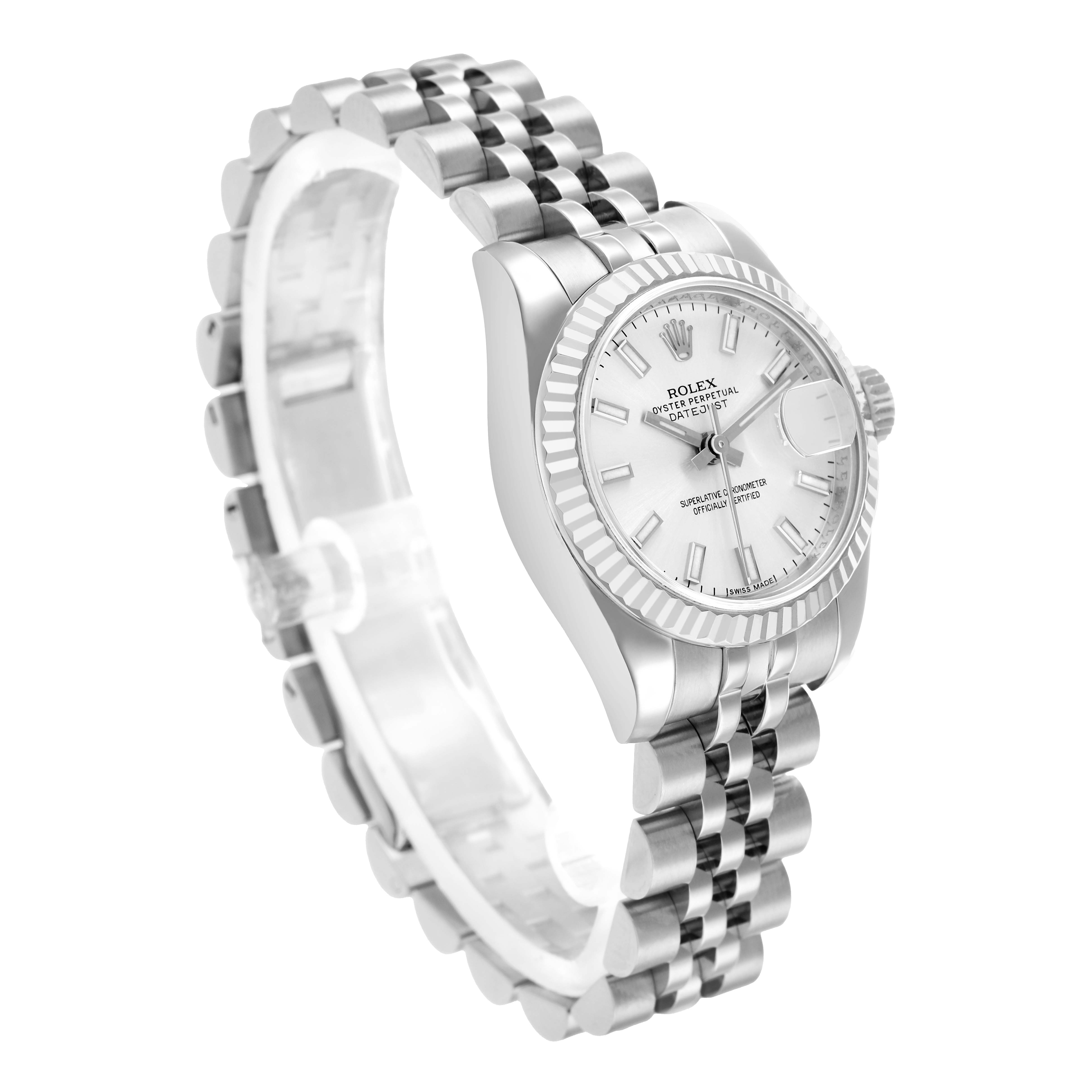 The Rolex Datejust 179174 Women
s Stainless Steel Silver Dial watch is shown at a three-quarter angle, displaying the face, bezel, and bracelet.