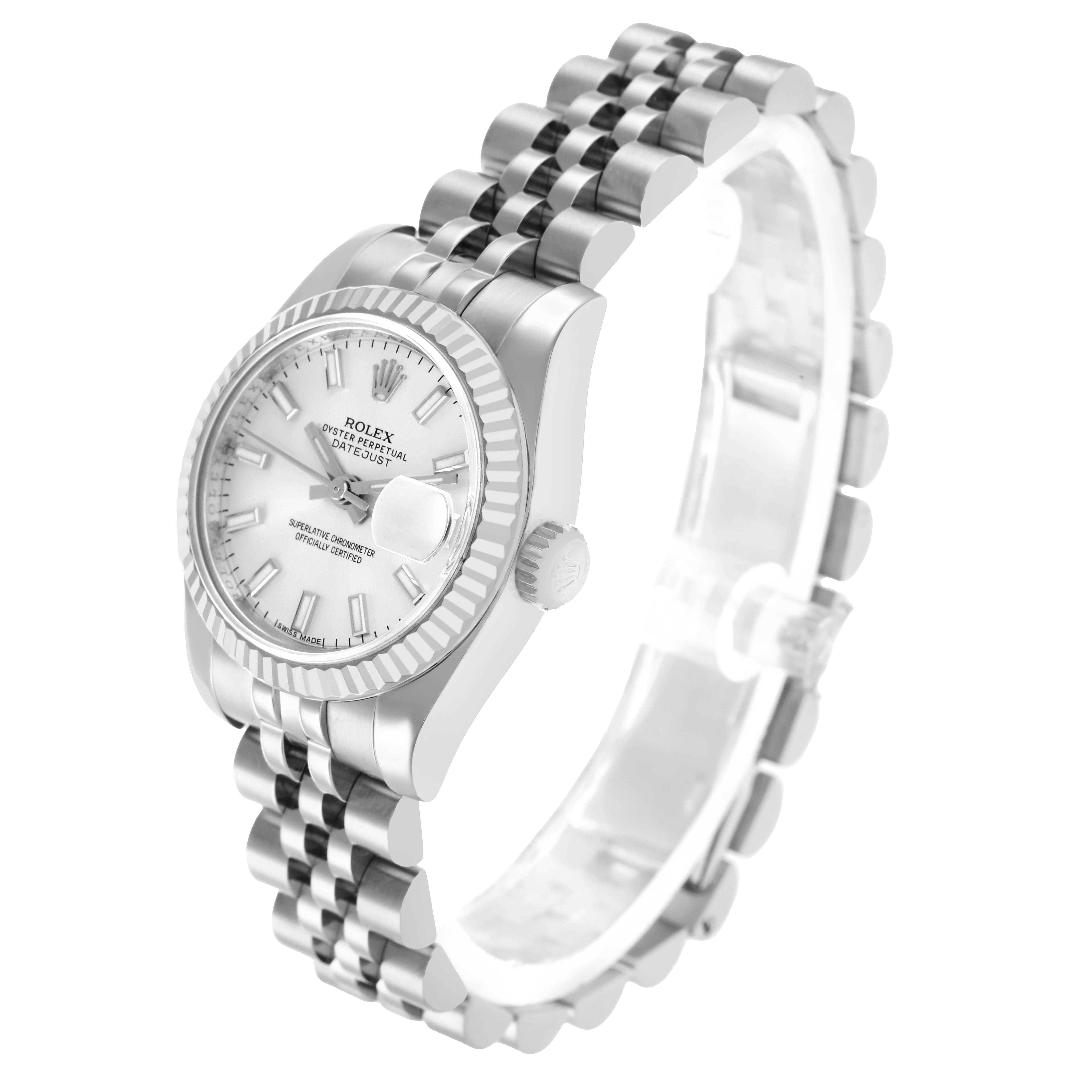 The Rolex Datejust 179174 Women
s Stainless Steel Silver Dial watch is shown at a three-quarter angle, highlighting the dial, bezel, crown, and bracelet.