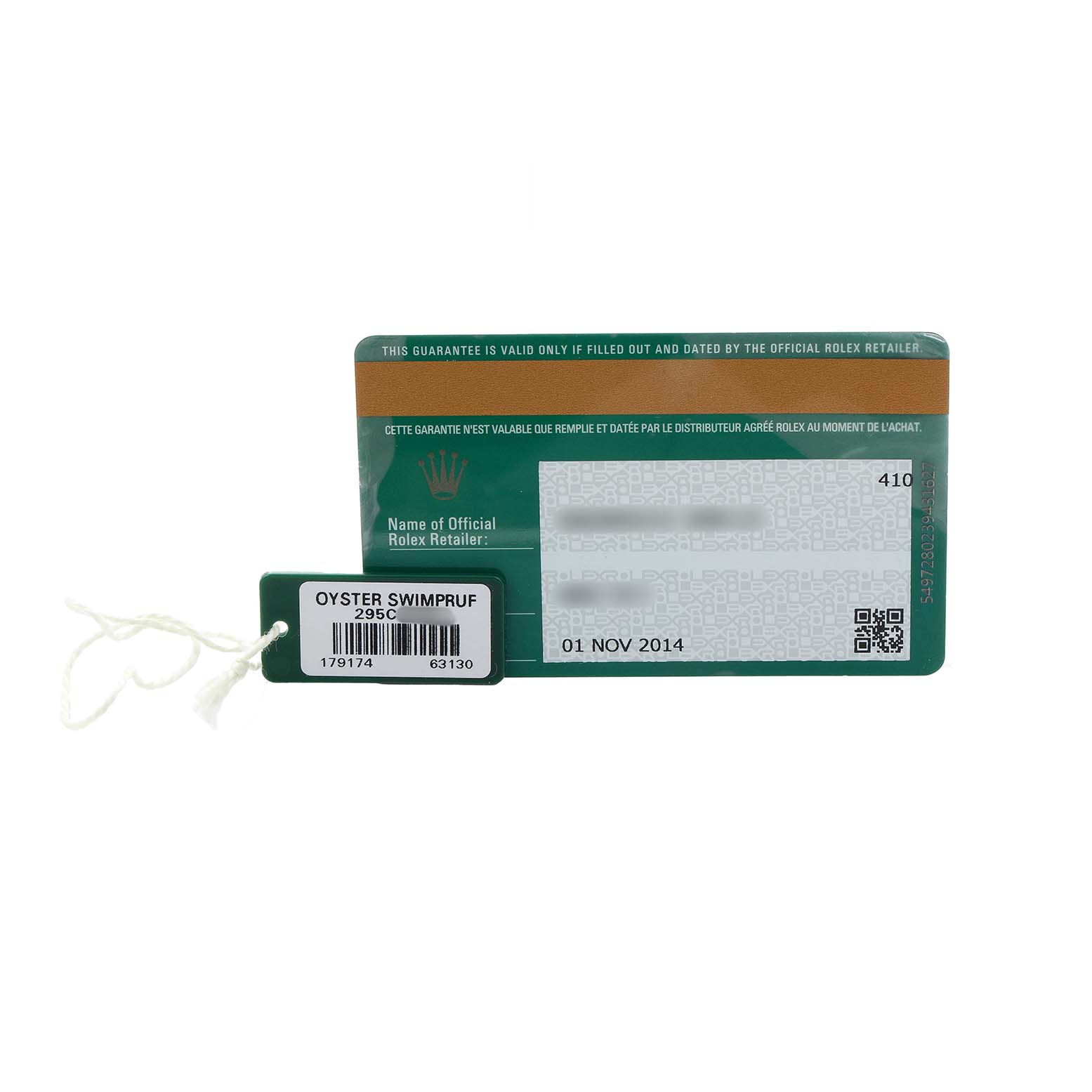 The image shows a Rolex Datejust 179174 Women
s Stainless Steel Silver Dial guarantee card and a green "Oyster Swimpruf" tag with serial details.