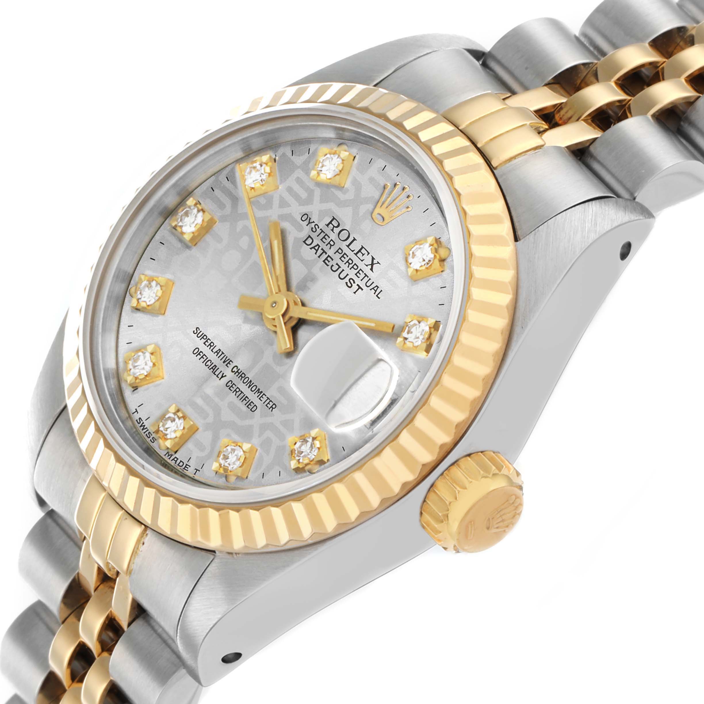 The Rolex Datejust 69173 Women
s Steel and Gold (two tone) Silver Dial watch is shown at a slight angle, displaying the face, bezel, crown, and part of the bracelet.